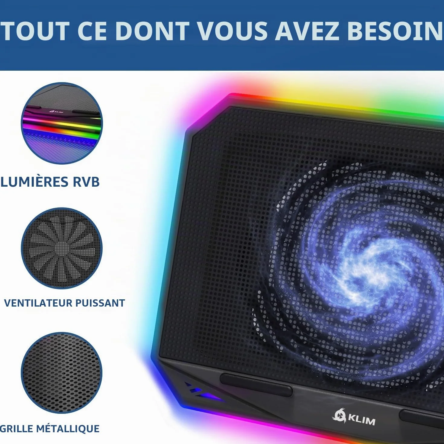 KLIM K21 Support PC Portable Ventilé Gamer 11"-17" RGB Refroidisseur Compatible Mac PS4