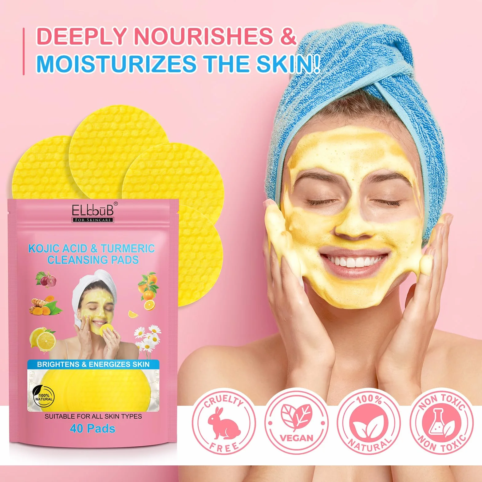 Pads Nettoyants à l'Acide Kojique et au Curcuma - Illumine et Revitalise la Peau, Nettoie en Profondeur, Élimine l'Excès de Kératine