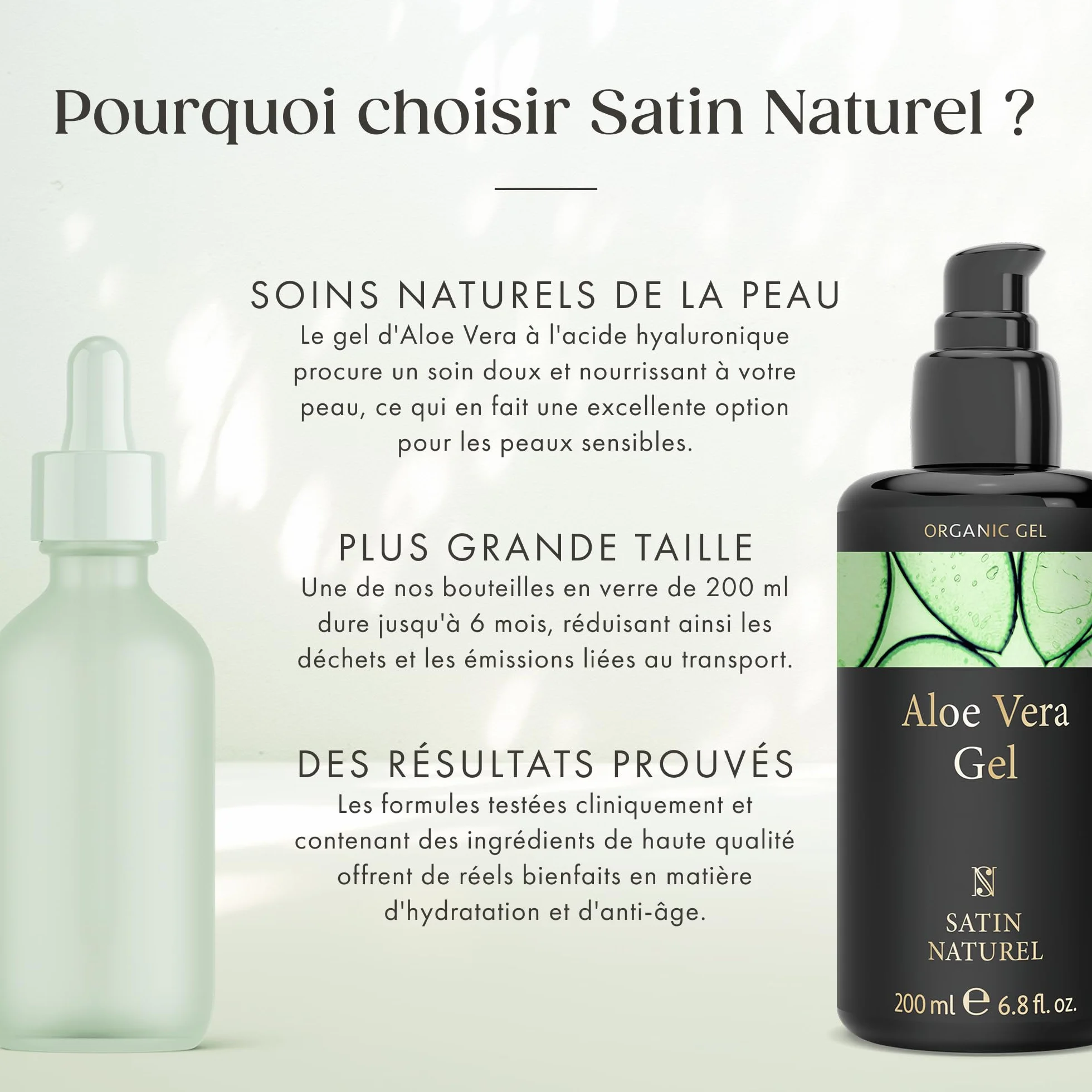 Satin Naturel Gel Aloe Vera Bio 200 ml – Gel d’Aloe Vera Concentré – Acide Hyaluronique & Panthénol – Soin Hydratant Visage, Corps & Cheveux