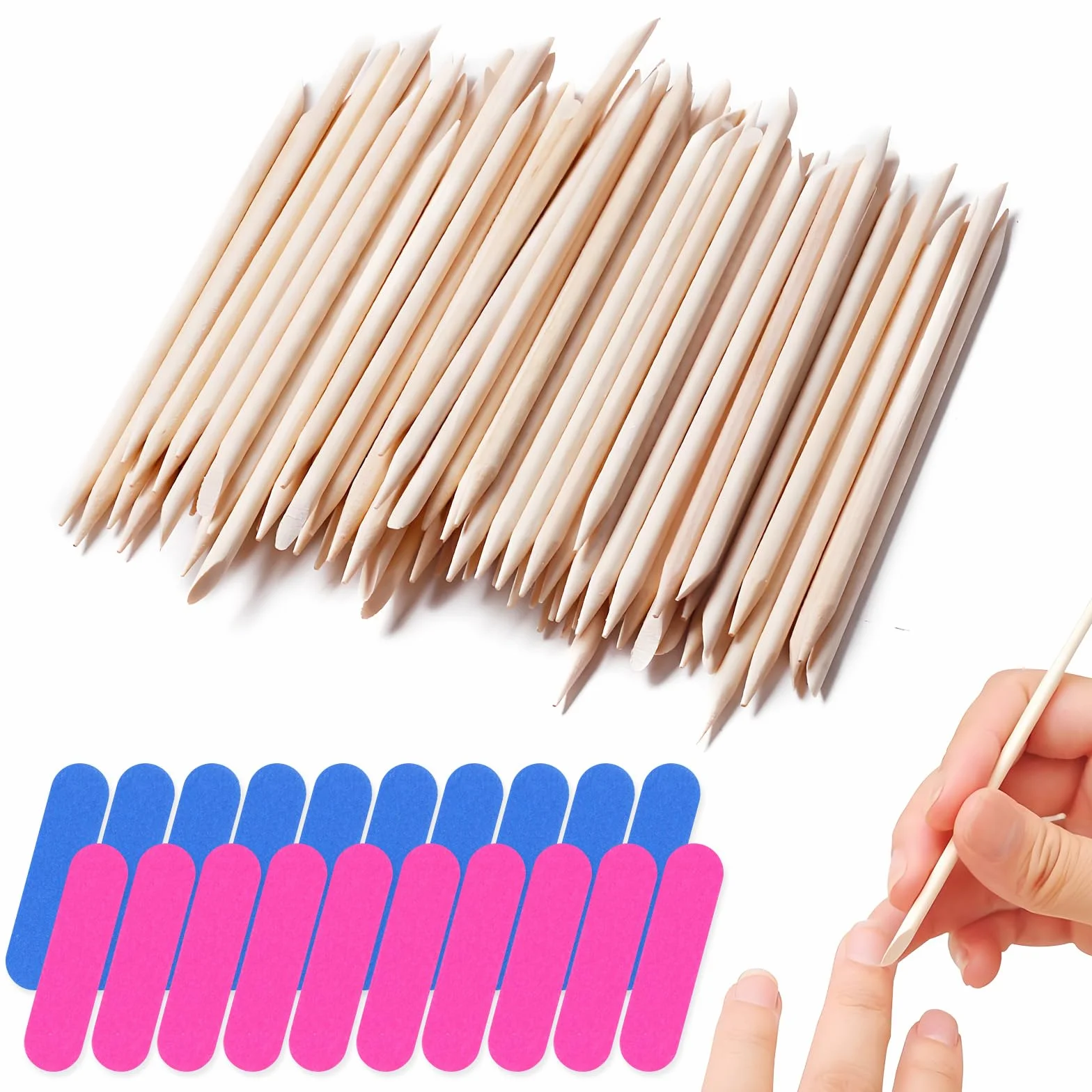 Bâtonnets Cuticules en Bois D'oranger 200 Pcs avec Lime à Ongle pour Manucure