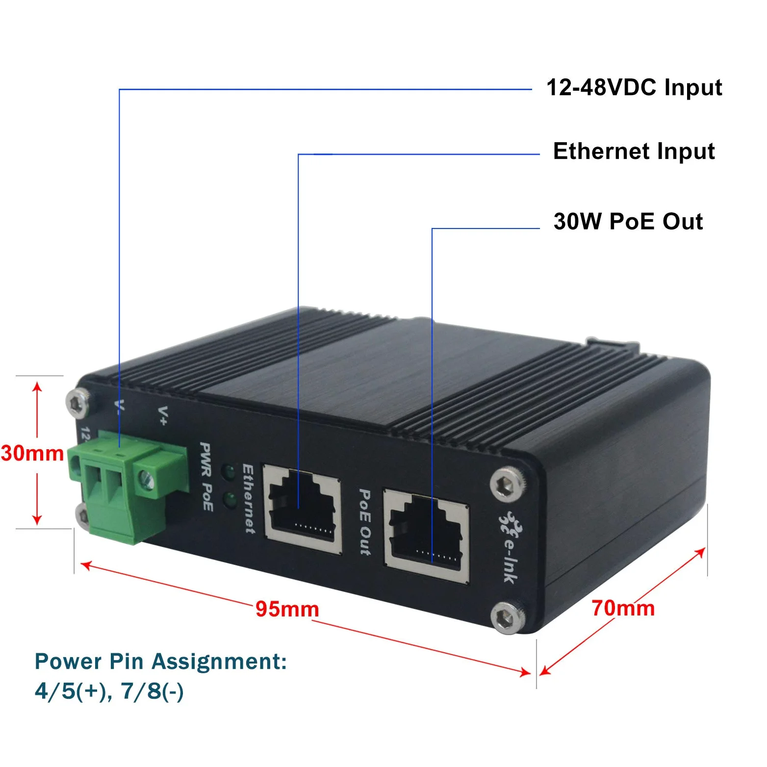 Injecteur PoE – Injecteur industriel Gigabit PoE+ IEEE802.3 à 30 W durci avec entrée 12-48 V DC rail DIN, montage mural