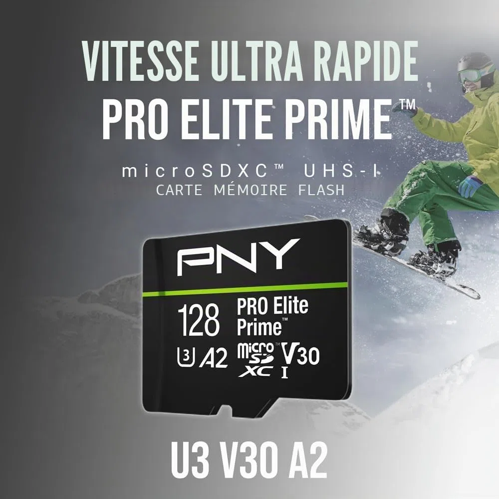 PNY 2X 128GB Pro Elite Prime C10 U3 V30 A2 microSDXC Carte Mémoire Flash