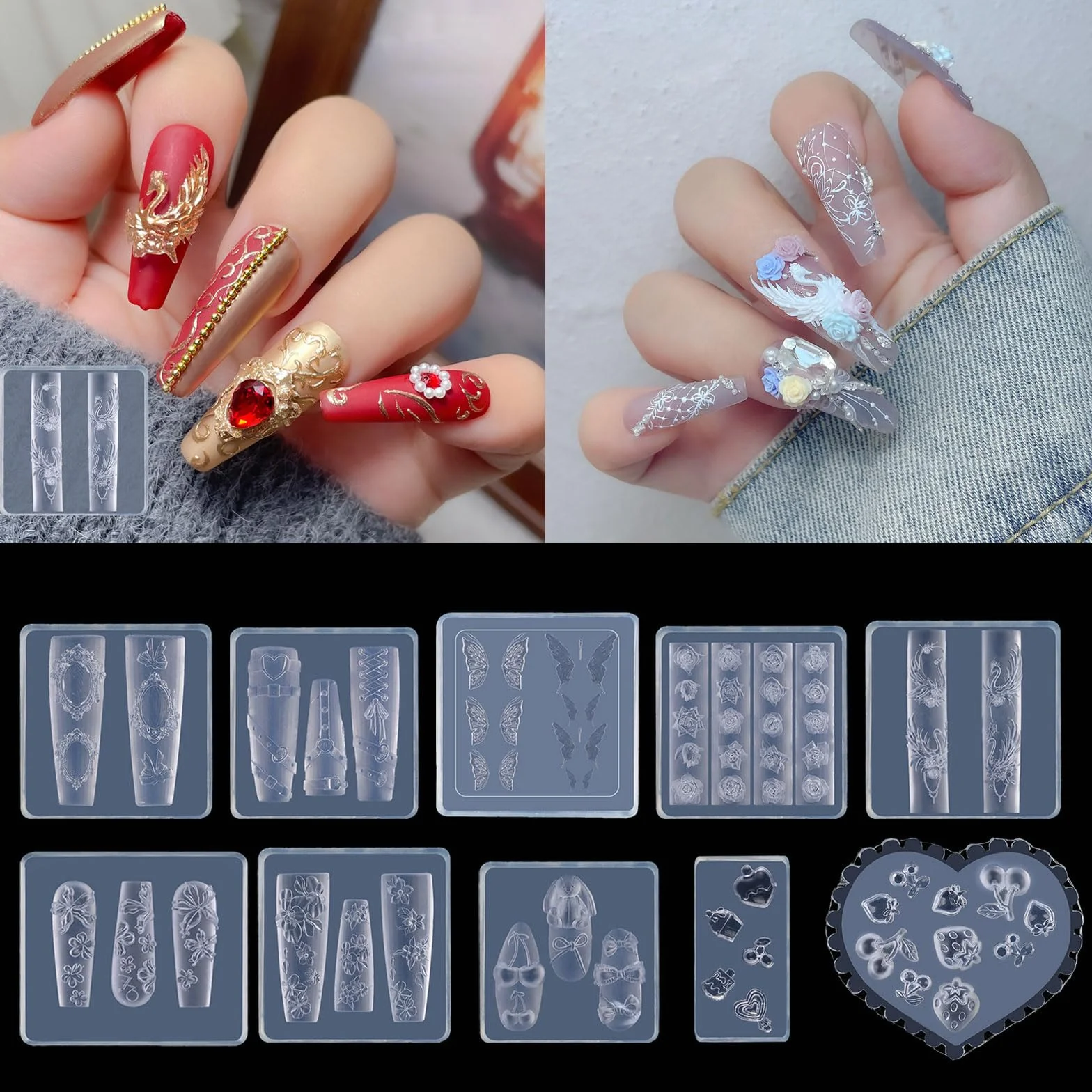 Moule à ongles en silicone pour motifs 3D en relief Rose et papillon