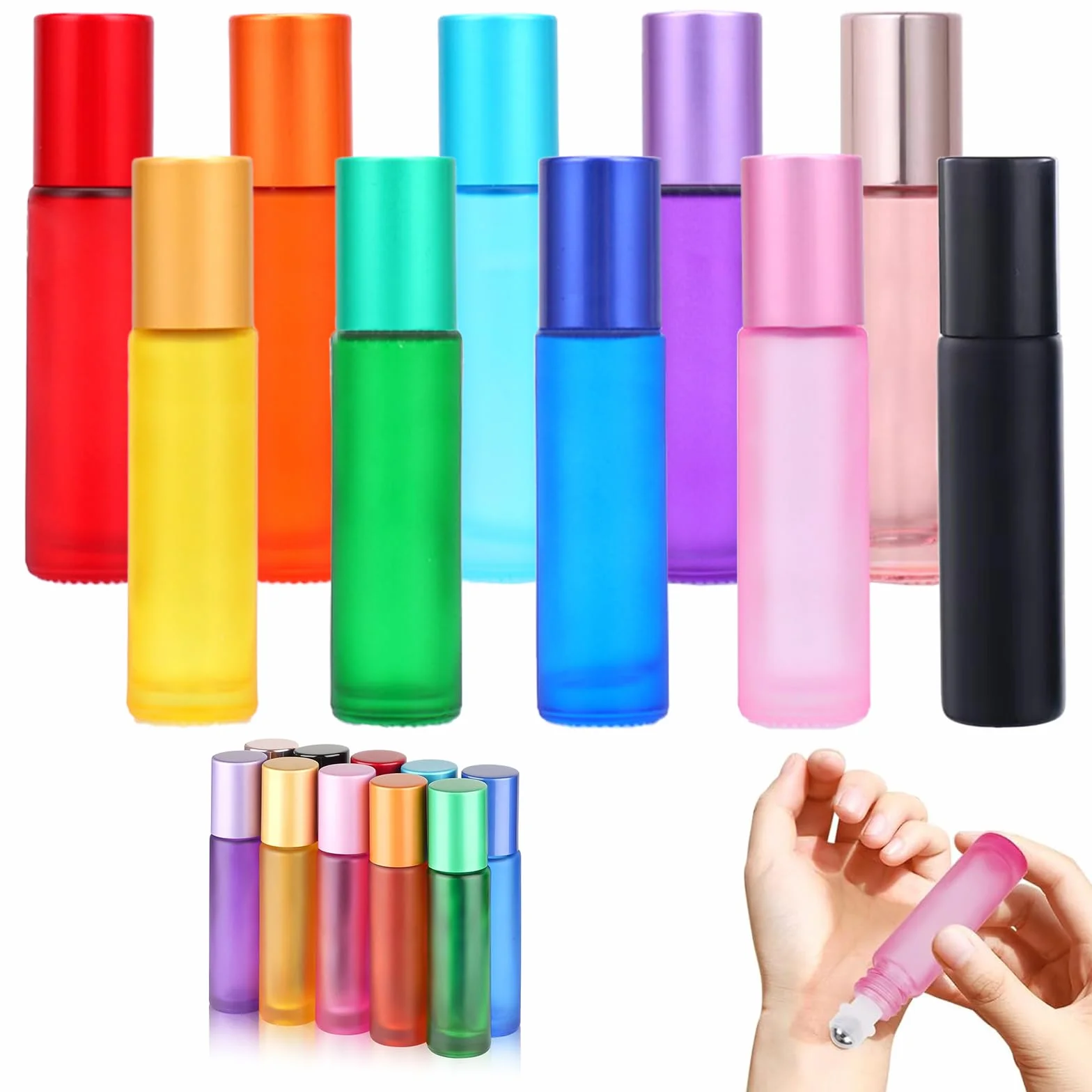 Flacons Roll-on en Verre 10 ML pour Huiles Essentielles, Aromathérapie, Parfums et Cosmétiques - Lot de 10 en Couleurs