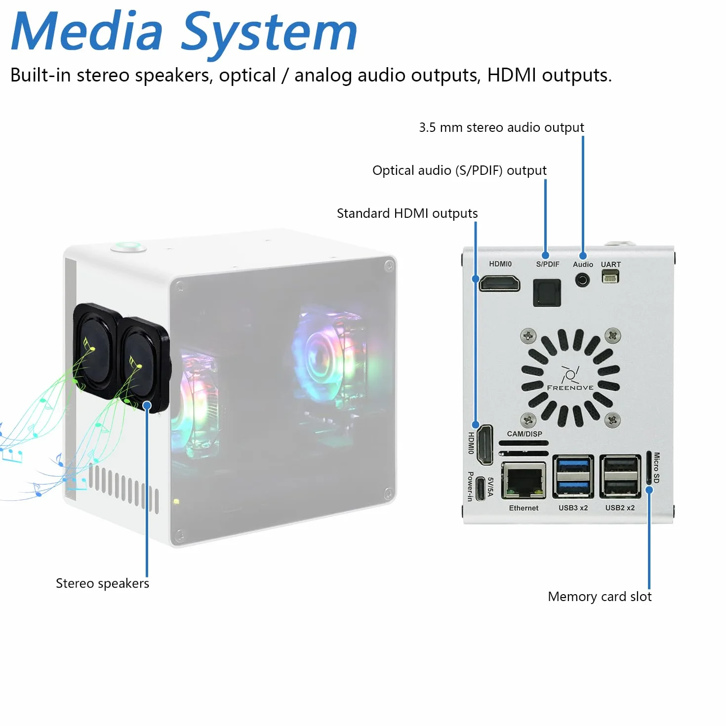 Freenove NAS Case for Raspberry Pi 5, Quad M.2 NVMe SSD Slots, PWM ARGB Fans, CPU Tower Cooler, Stereo Speakers