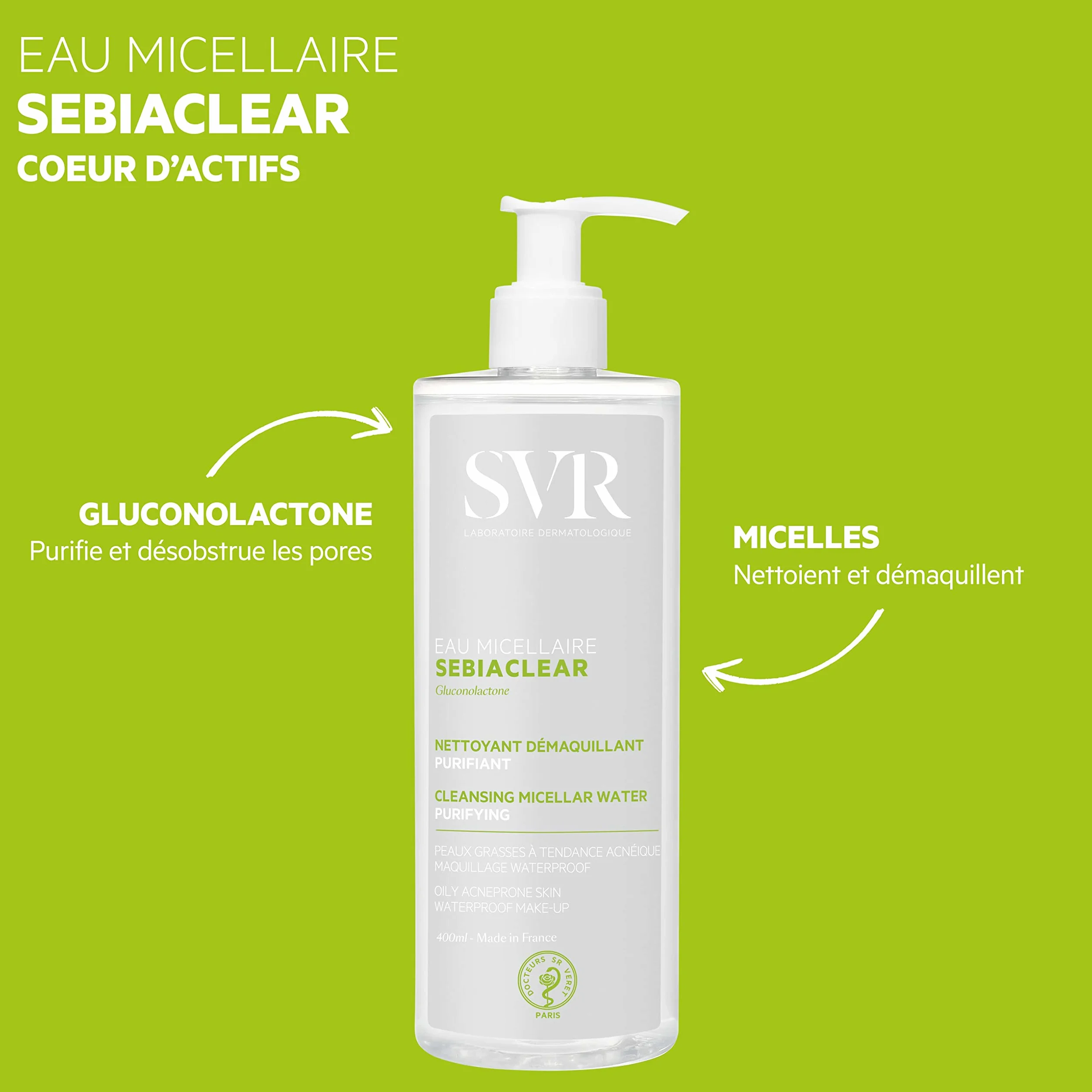SVR Sebiaclear Eau Micellaire 400 ml – Eau nettoyante purifiante et matifiante pour peaux mixtes à grasses