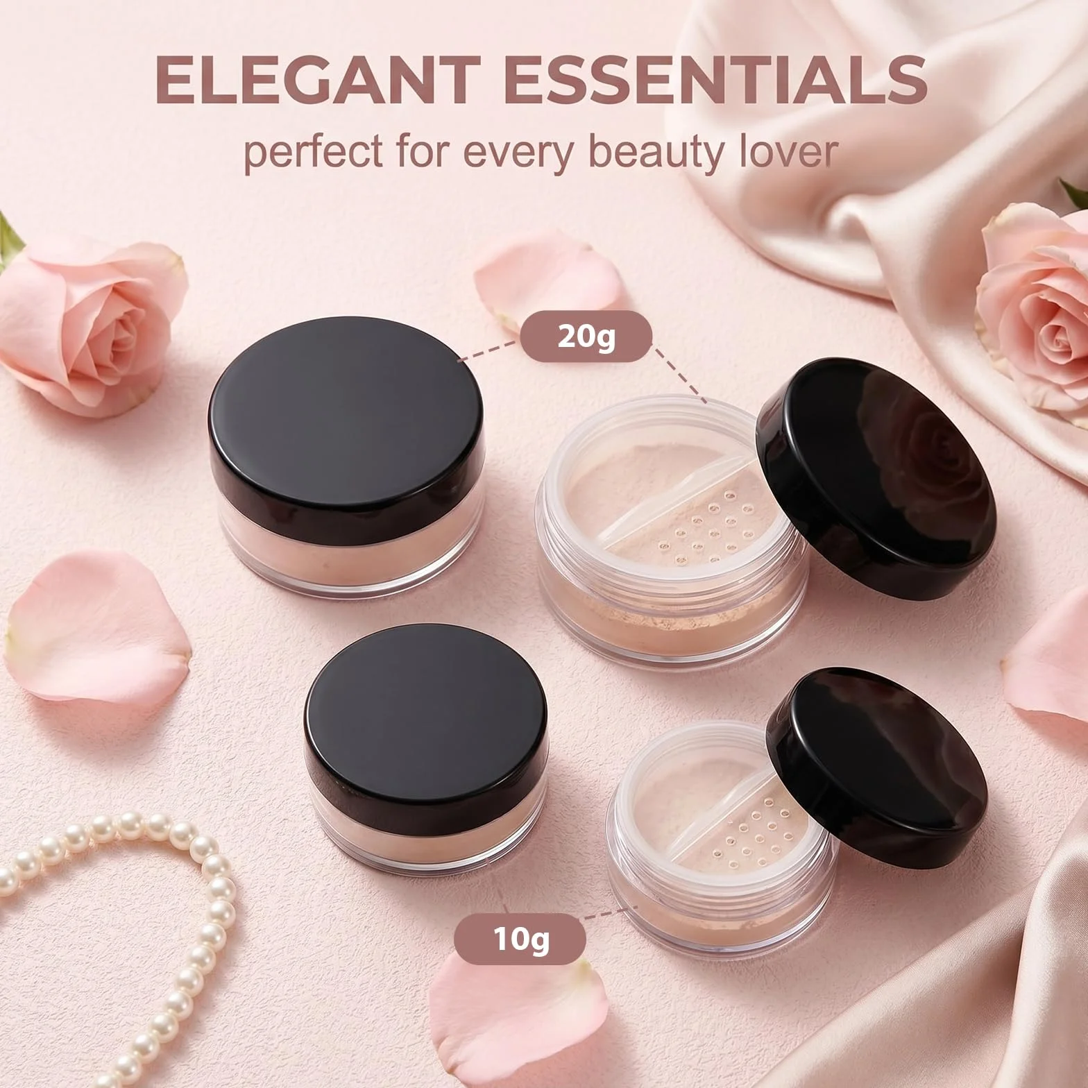 Lot de 4 Boîtes à Poudre Portables Vides Réutilisables 10g*2+20g*2 Transparentes Couvercle Noir Tamis Amovible Intégré Cosmétiques Voyage