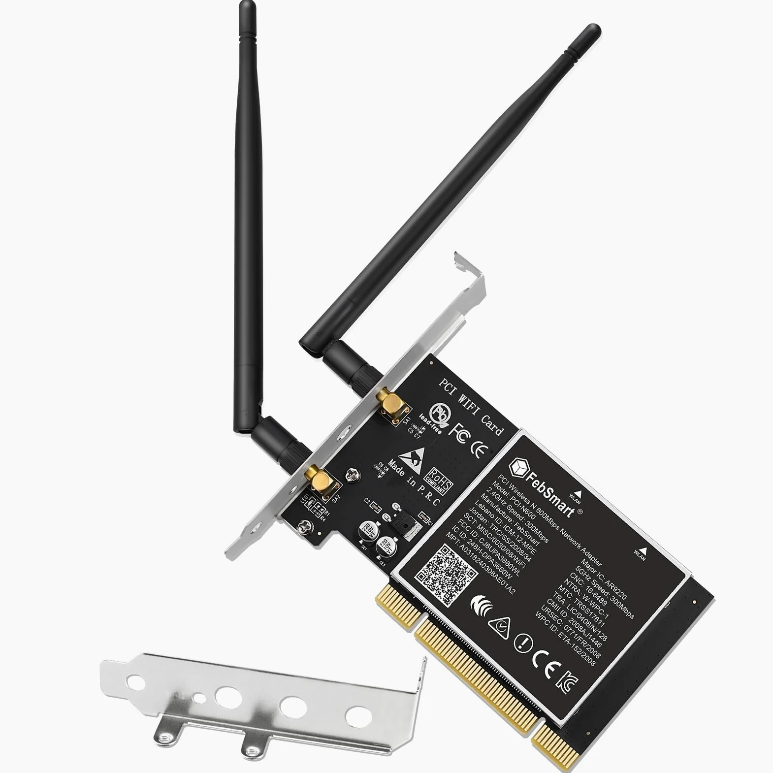 Wireless N Dual Band 600Mbps (2.4GHz 300Mbps or 5GHz 300Mbps) PCI WiFi Adaptateur pour Windows 11, 10, 8.x, 7, XP (32/64bit) et Windows Server PC de bureau, interface PCI WiFi carte (PCI-N600