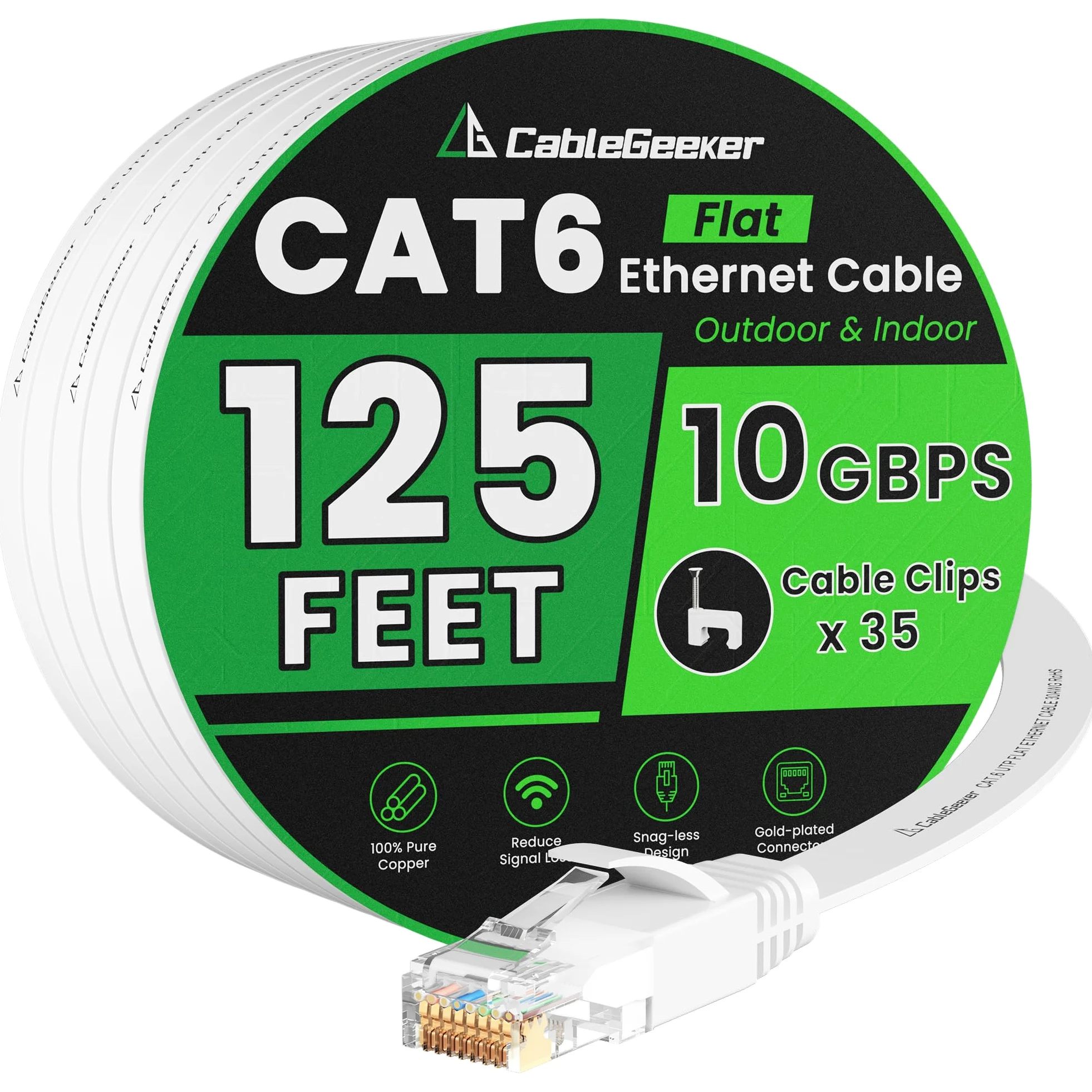 Câble Ethernet Cat 6 de 38,1 m, pour intérieur et extérieur, réseau Internet haut débit 10 Gbit/s, câble de raccordement Ethernet plat en cuivre pur, câble LAN pour ordinateur avec clips et sangles | 30 AWG OFC, 550 MHz, RJ45 plaqué or, design plat à prof