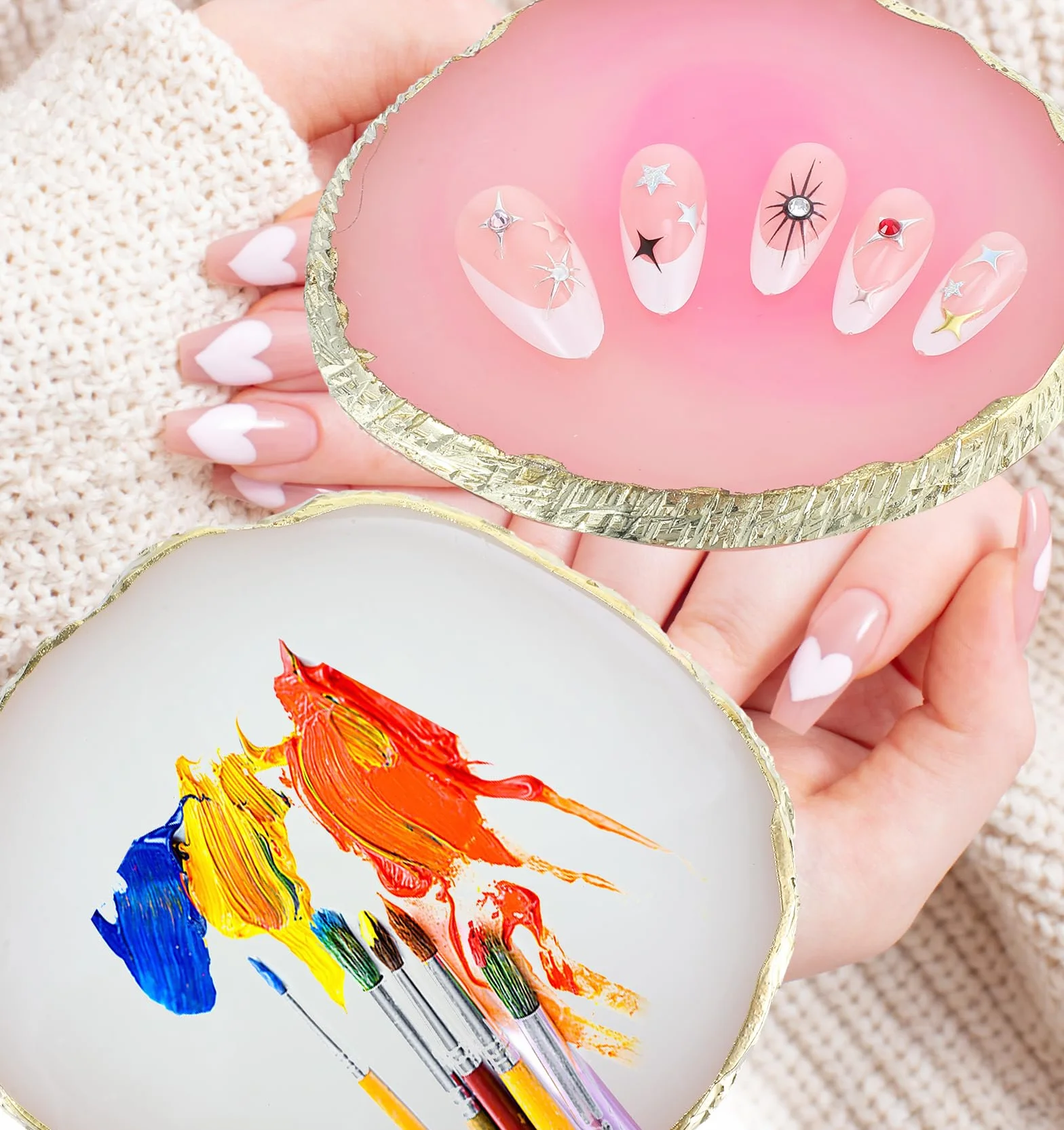 Lot de 2 accessoires design ongles aspect agate blanc rose bord doré résine qualité supérieure nail art