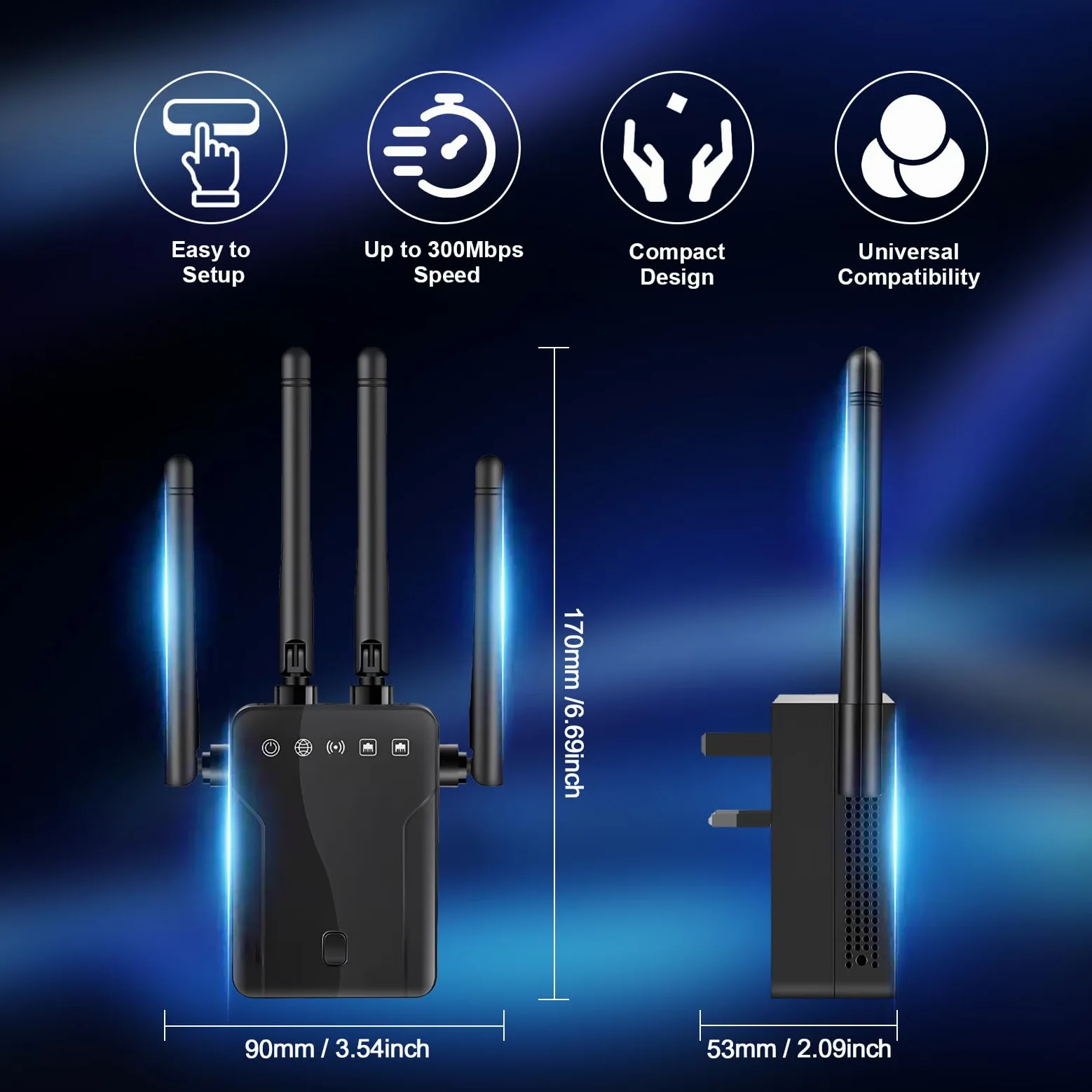 Amplificateur de signal WiFi pour la maison – Extension de portée WiFi 300 Mbit/s avec 4 antennes, couvre jusqu'à 600 m² et 35 appareils, amplificateur WiFi avec mode AP/répéteur, amplificateur