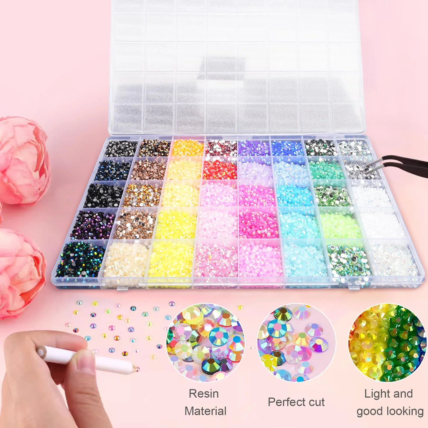 Kit de Strass en Résine 32 000 Pièces, 40 Couleurs Strass Plats Perles 3 mm pour Travaux Manuels, Décoration Ongles, Textiles