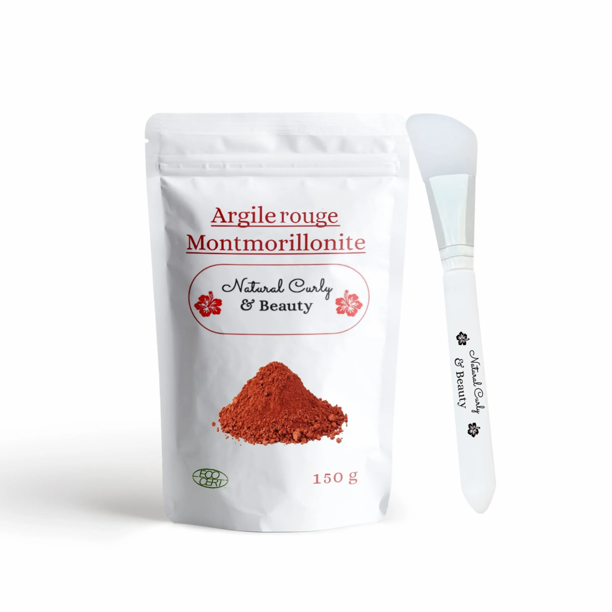 Argile rouge montmorillonite ECO-CERT avec pinceau en silicone - Nettoie les pores en profondeur, hydrate et adoucit la peau