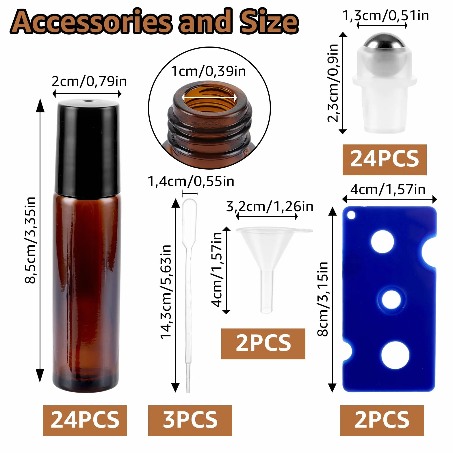 Huiles essentielles Roller bouteilles en verre 10ml vide brun Roll-on avec entonnoir pipettes