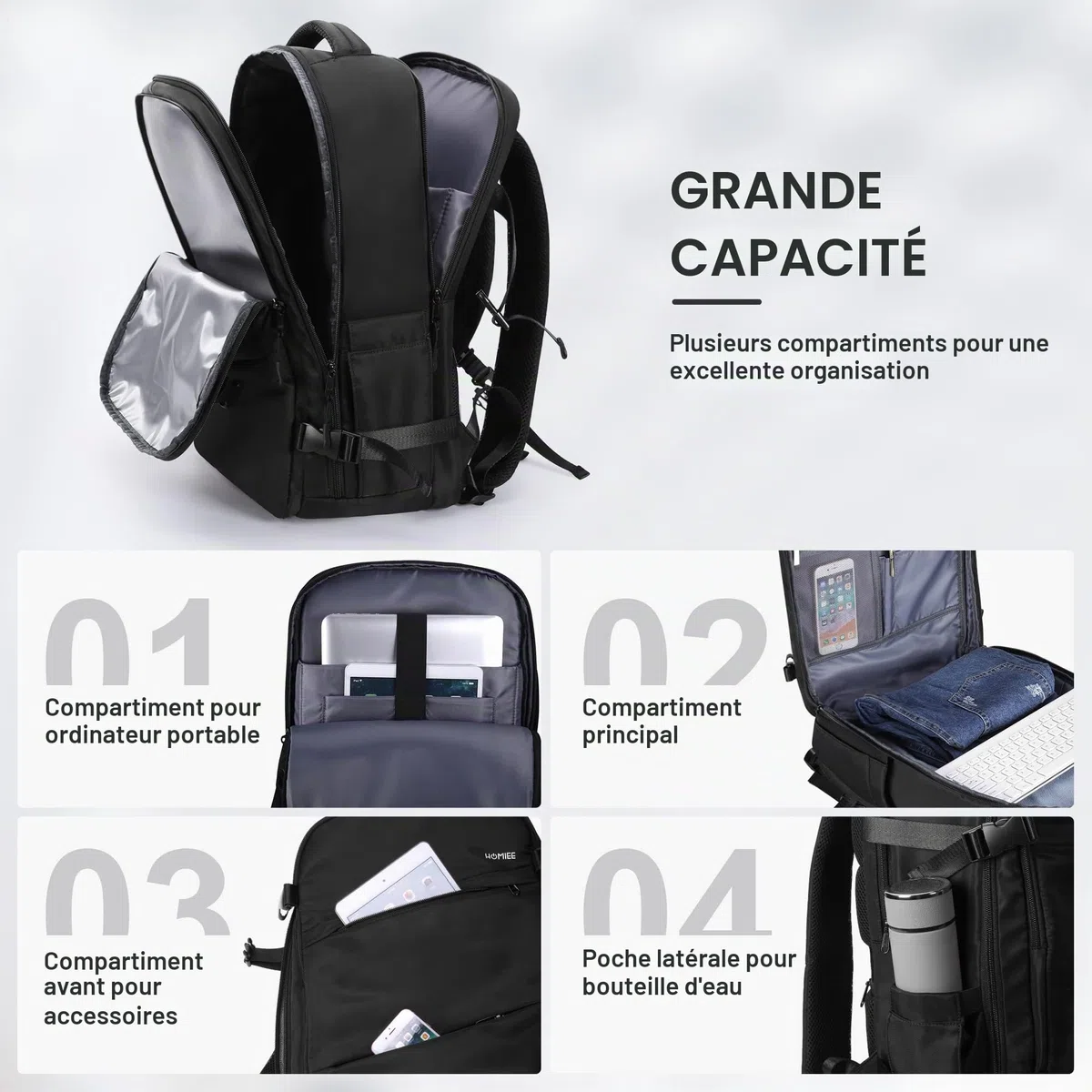 HOMIEE Sac à Dos de Voyage, Sac à Dos Cabine Imperméable pour Ordinateur Portable, Sac a Dos Voyage Avion Antivol avec Port de Charge USB, Sac à Dos Bagage à Main pour Femme & Homme, Noir