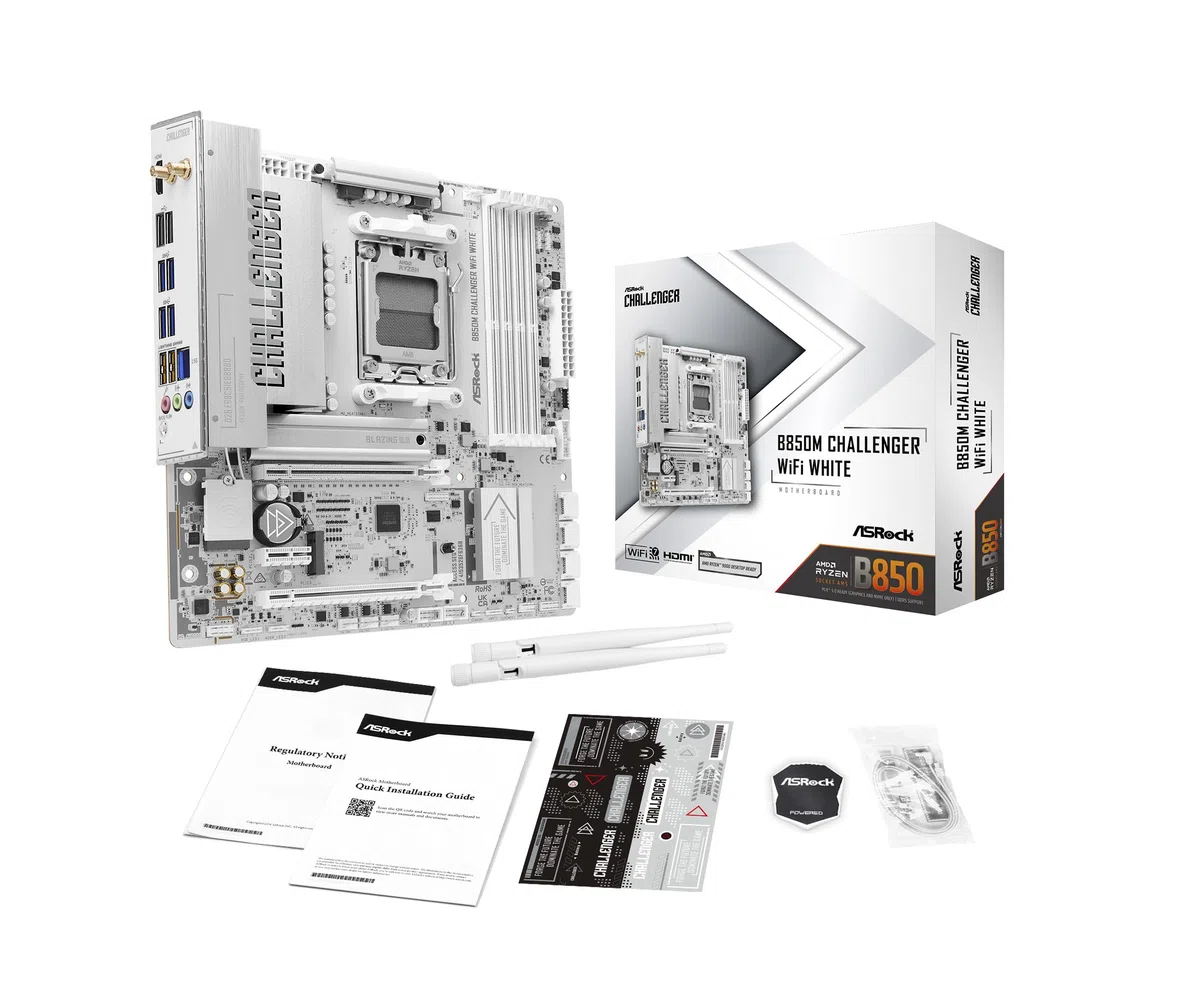 ASRock B850M Challenger Carte mère Wi-FI Blanc Socket AM5 Micro-ATX, Prend en Charge AMD Ryzen 9000/8000/7000 Series, B850, DDR5 8000+ (OC), PCIe 5.0, WiFi 7, 2.5G LAN, Ports Lightning Gaming