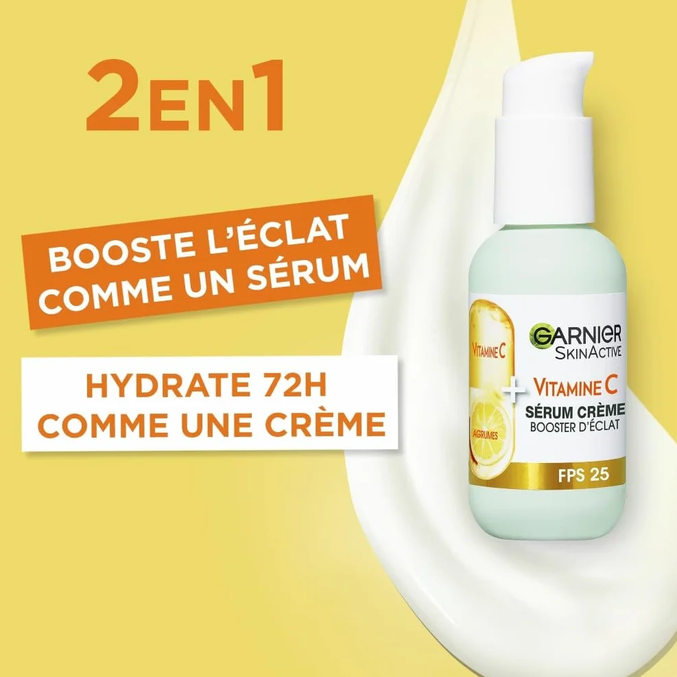 GARNIER Skin Active Sérum Crème Booster D'Éclat 2-En-1 Hydratation 72h FPS 25 Vitamine C 50 ml