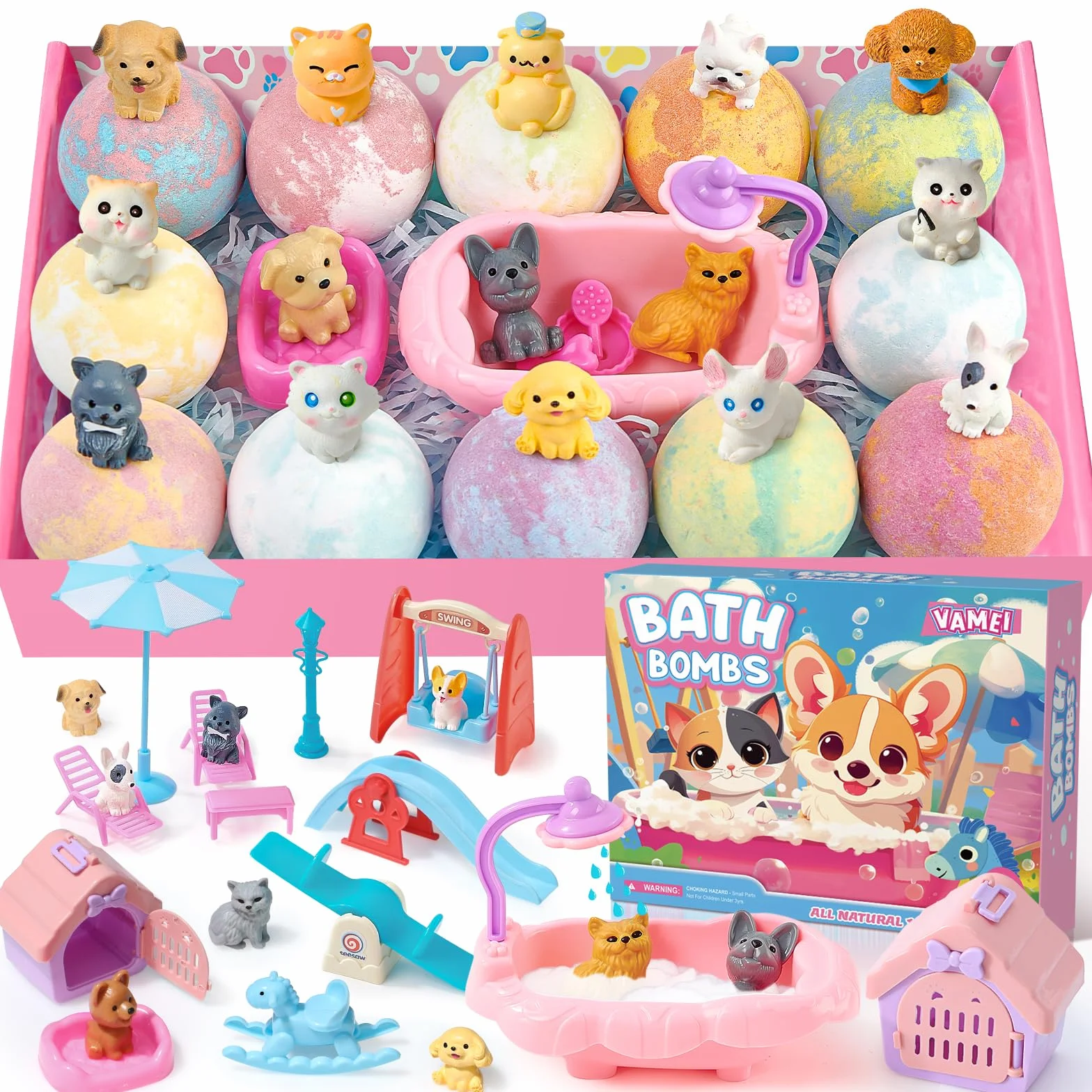 Bombe de Bain Enfant Surprise 12pcs Boule de Bain avec Jouets Chiens Chats Aromatherapie Cadeau Anniversaire Garçons Filles
