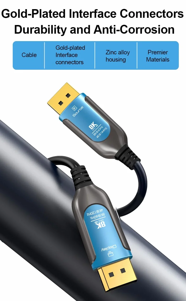 PremiumCord Câble Optique 8K DisplayPort 1.4 M/M 50m, Mâle vers Mâle, 32,4Gbps, Vidéo 8K@60Hz, 5K@60Hz, 4K@60Hz 2160p, Connecteurs Plaqués Or, Bleu/Noir