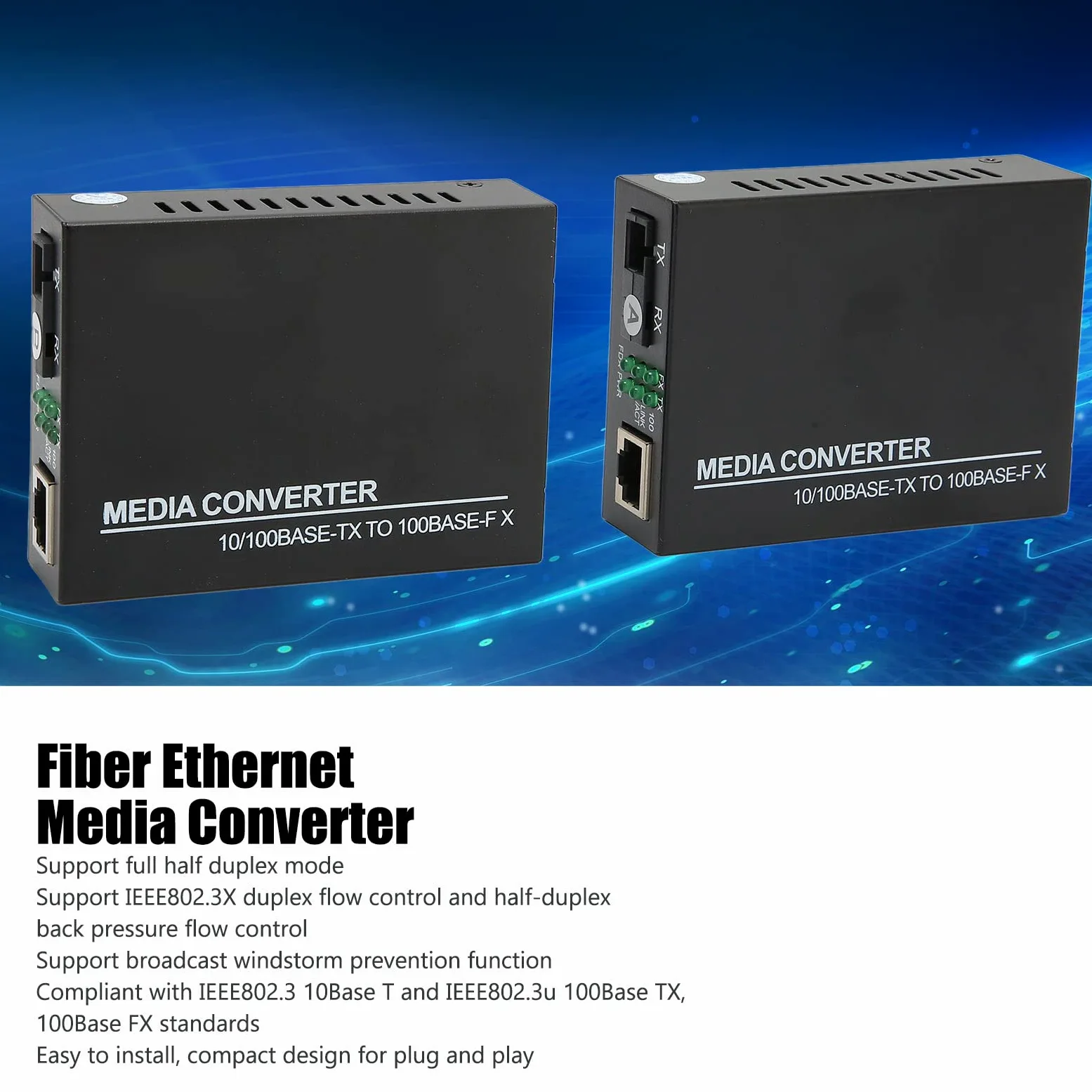 Convertisseur de Média ethernet Optique, Capacité Adaptative 10M 100M Mode Semi Duplex Intégral, RJ45 Sc Jusqu'à 25Km, Module Optoélectronique Adapté AUX Environnements Intérieurs et Extérieurs