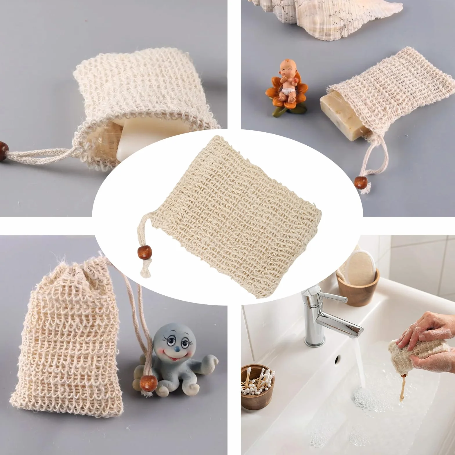 Lot de 4 sacs à savon solides extra grands avec étiquettes colorées pour shampooing solide, douche et voyage