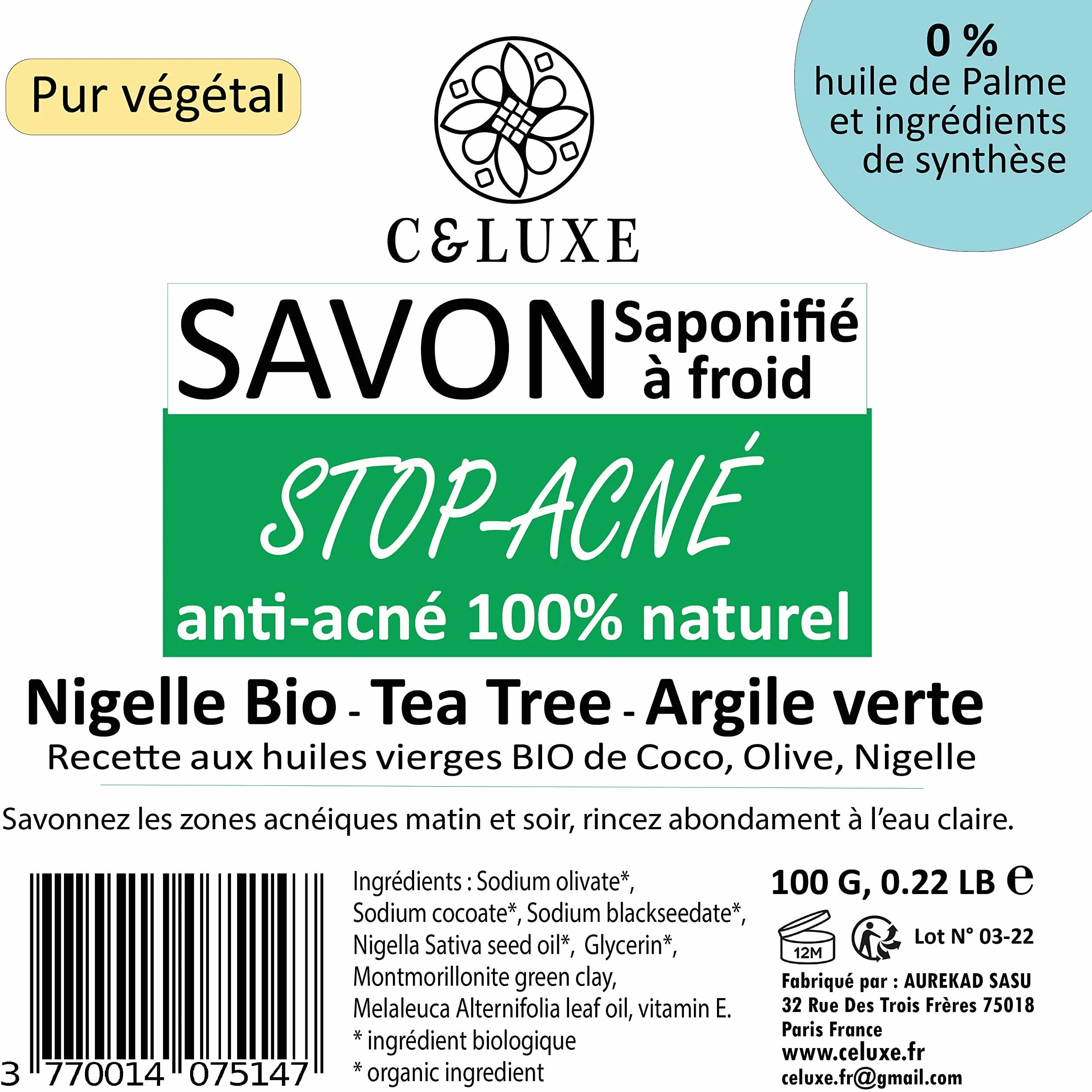 Savon anti acné Nigelle bio Tea Tree Argile verte 100% naturel saponifié à froid peaux grasses acnéiques antibactérien antifongique Corps Visage 100g