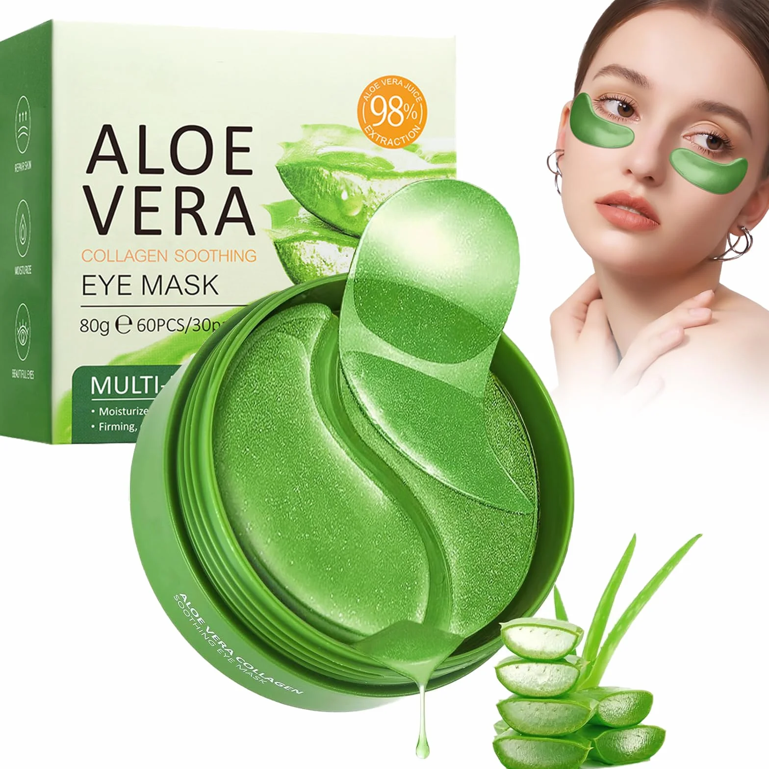 60 Pièces Masque Yeux Patch Collagène Acide Hyaluronique Aloe Vera Anti Cernes Hydrogel Eye Patchs Rafraîchissants