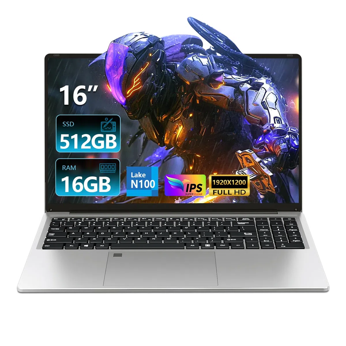 Ordinateur Portable 16 Pouces, Win 11 PC Portable 16 Go RAM 512 Go SSD, Celeron N100 CPU, Laptop Clavier Rétroéclairé/Déverrouillage Empreinte Digitale, BT5.0/USB3.0/6000mAh Battery/Webcam/Mini-HDMI