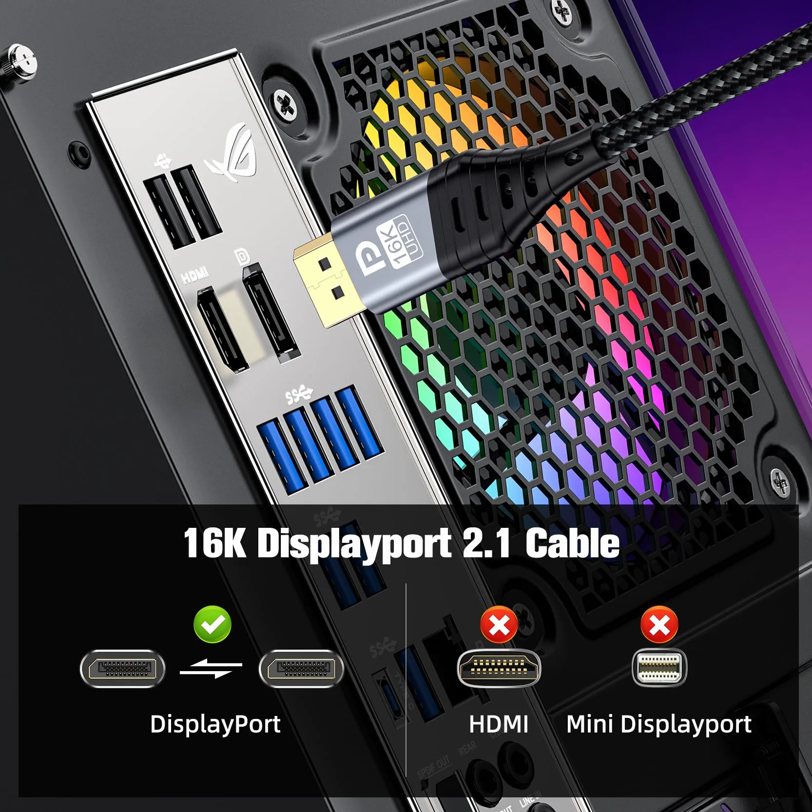 Câble DisplayPort 2.1 16K 1M 80Gbps Supporte 16K@60Hz 8K@120Hz HDR10 DSC 1.2a FreeSync G-Sync