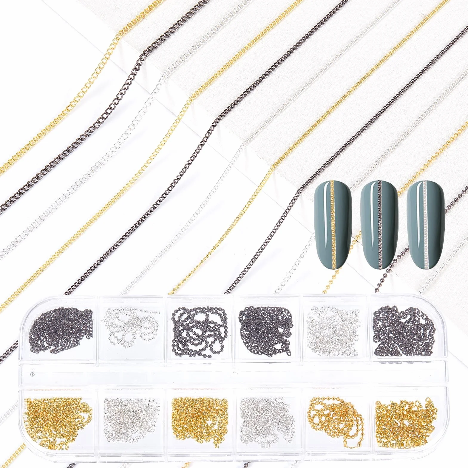 NICENEEDED 12 Bandes de Chaînes à Clous 3D pour Bijoux Ongles Or Argent Gris Foncé Accessoires Nail Art Métal