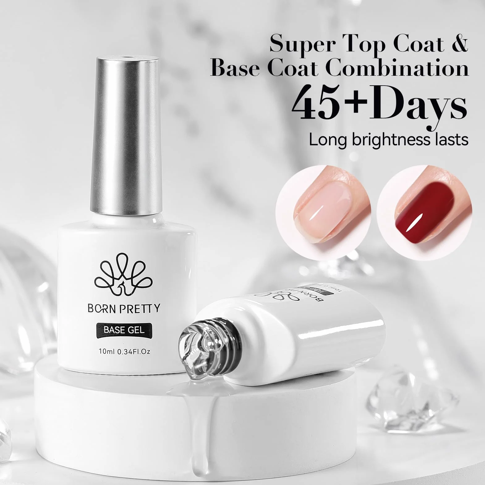 BORN PRETTY Top Coat Vernis Semi Permanent Base et Top Coat Ongles Gel Longue Tenue 2 x 10ml Lampe UV LED Nécessaire