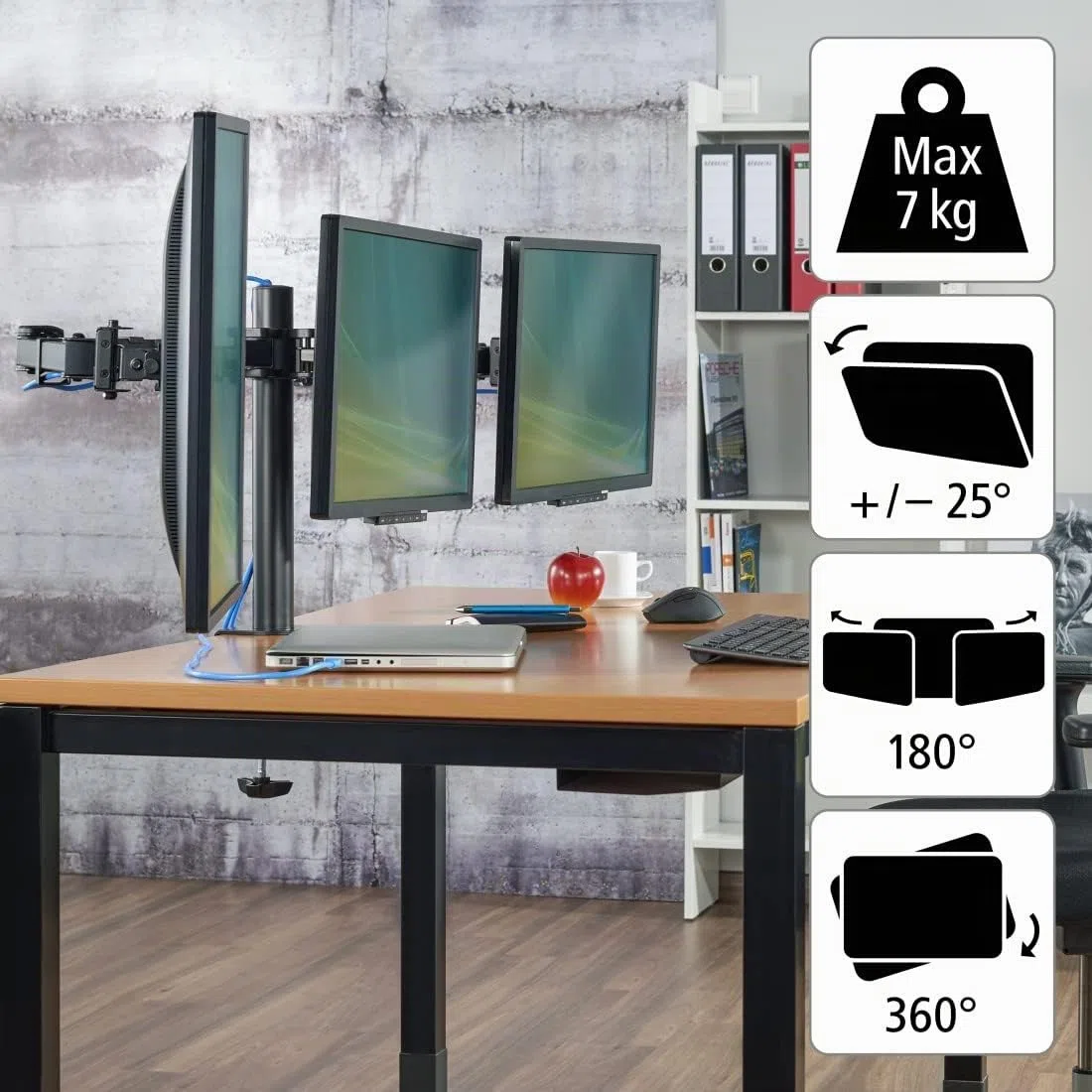 Hama Support Ecran PC 3 écrans Garantie 5 Ans (Bras pour 3 Moniteurs TFT/LCD/LED de 33 à 69 cm (13" - 27"), Hauteur Réglable, Pivotable, Inclinable, Système Easy Fix) Noir