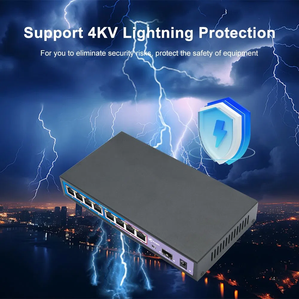 KuWFi HG0801-P 2.5 Gigabit Ethernet Switch 8 Ports PoE, 1 SFP 10G Port, 60Gbps, Plug & Play, Desktop Or Wall Mount, Ideal for WiFi IP/AP Monitoring, Office, School, Hospital