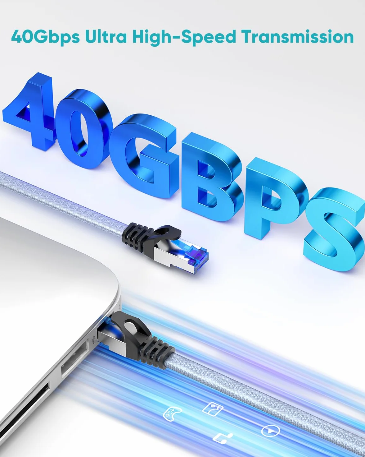 BUSOHE Câble Ethernet Cat 8 20m, Câble Réseau LAN Gigabit RJ45 Plat Haut Débit 40Gbps 2000Mhz