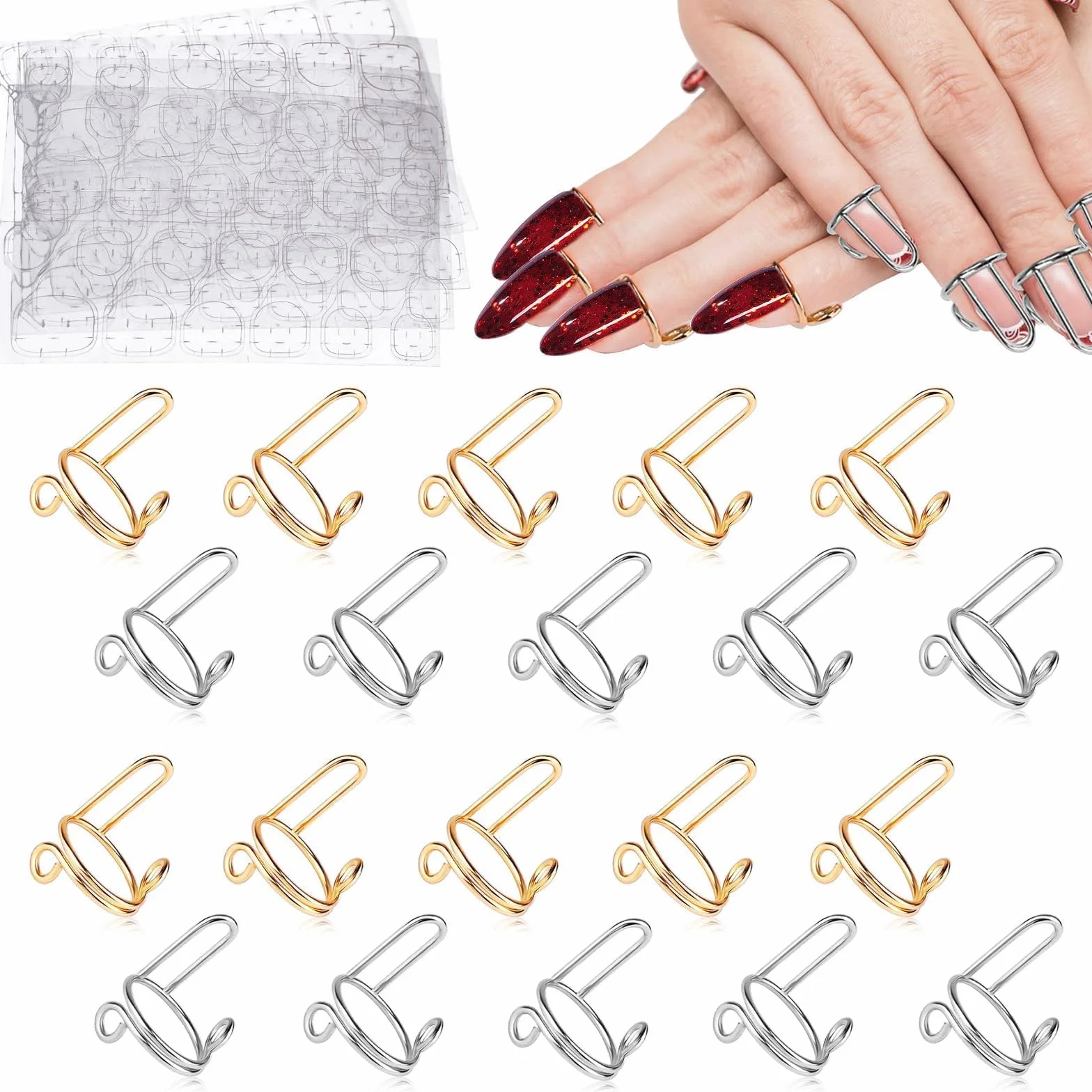 Bague à Ongles Réglables pour Acryliques, Métal Fingernail Rings pour Faux Ongles, Décoration Nail Art (Or et Argent)