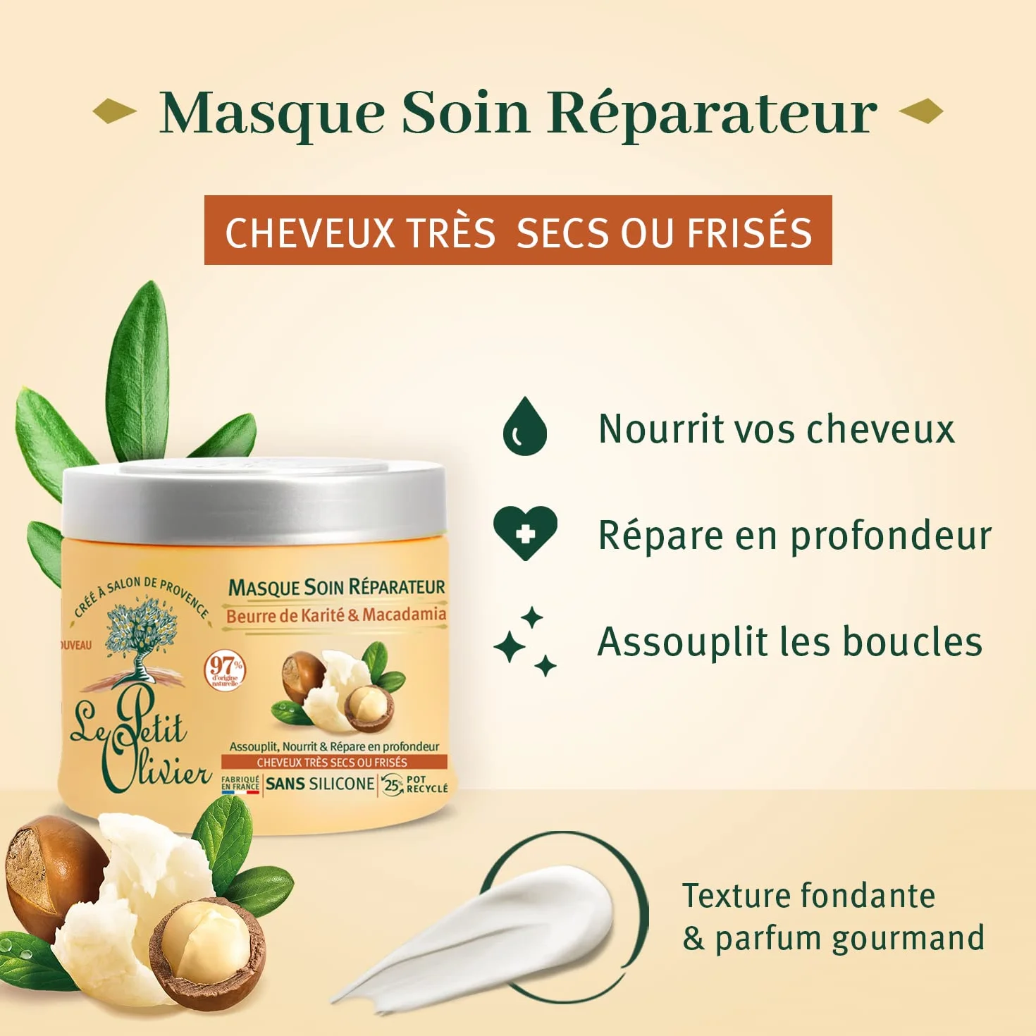 LE PETIT OLIVIER Masque Soin Réparateur Karité & Macadamia Cheveux Secs ou Frisés Sans Silicone 330 ml