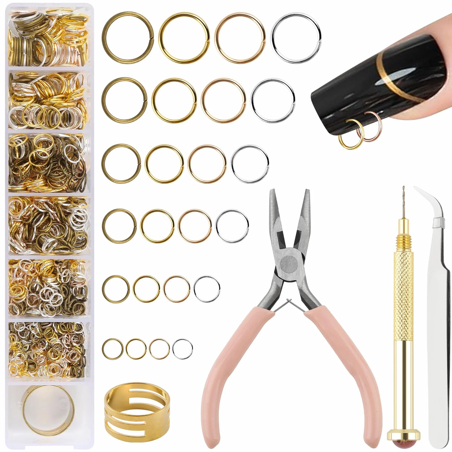 EBANKU 1014Pcs Nail Art Dangle Charms Piercing Tool Hand Drill, 6 tailles Open Jump Rings pour la fabrication de bijoux avec Jump Ring Opener, pinces et pinces