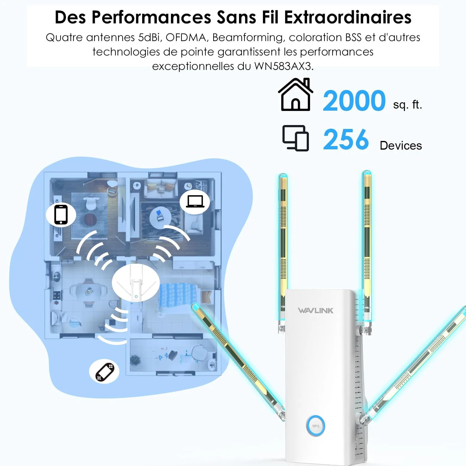 WAVLINK AX3000 Double Bande Wi-FI 6 Range Extender, amplificateur WiFi Extender, répéteur WiFi avec Port Gigabit, 4 antennes 5 dBi, Prend en Charge Le Mode répéteur/AP/routeur/Maille, Installation