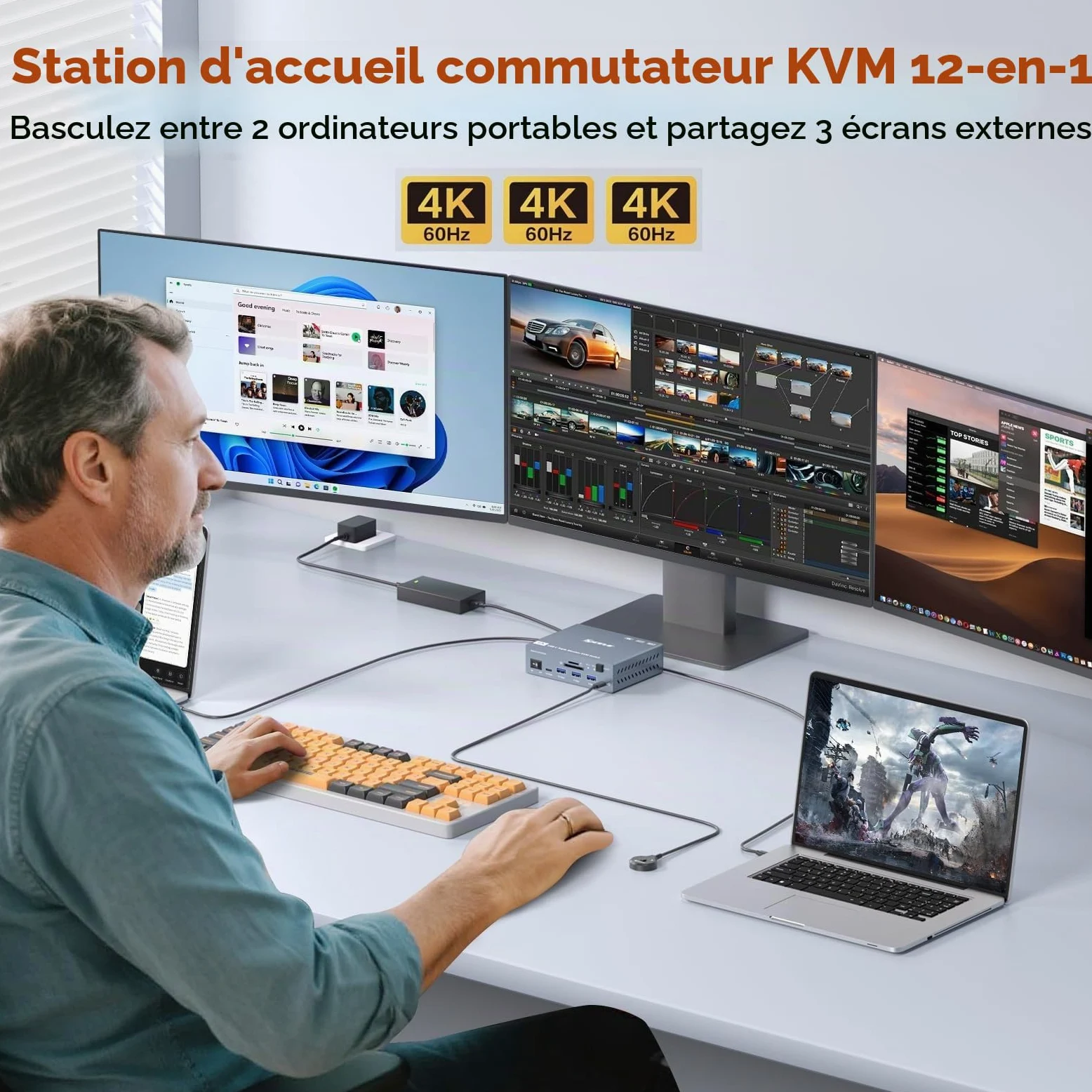 Thunderbolt 4 KVM Switch 3 Moniteurs 2 Laptops 4K@60Hz,USB C KVM Switch Displaylink Docking Station pour Windows Mac M1-M5, Affichages Triples étendus, PD 100W, USB 3.0, USB 3.2, SD/TF, Ethernet 1G
