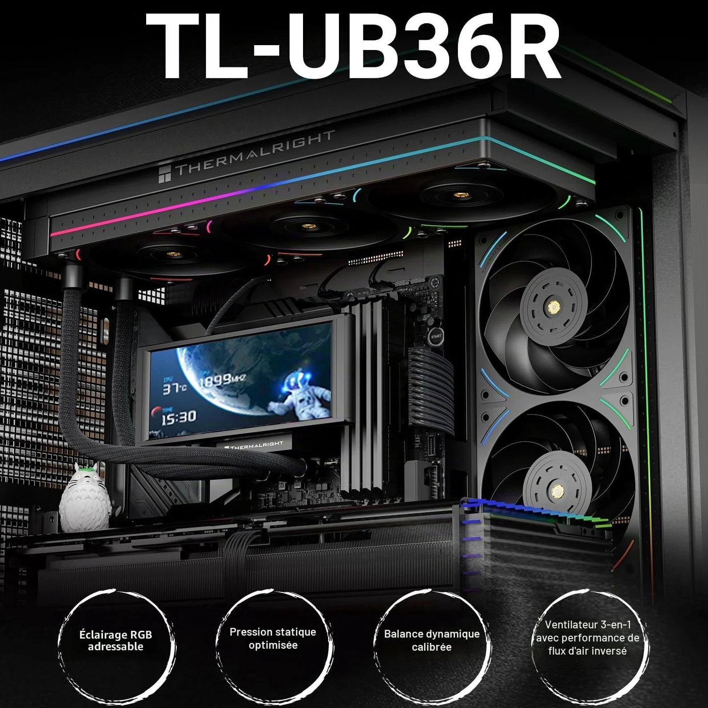 Thermalright TL-UB36R Lot de 3 ventilateurs de boîtier 120 mm PWM silencieux (≤ 27 dBA) avec pelle inversée, éclairage ARGB 5 V, refroidissement à eau, boîtier noir