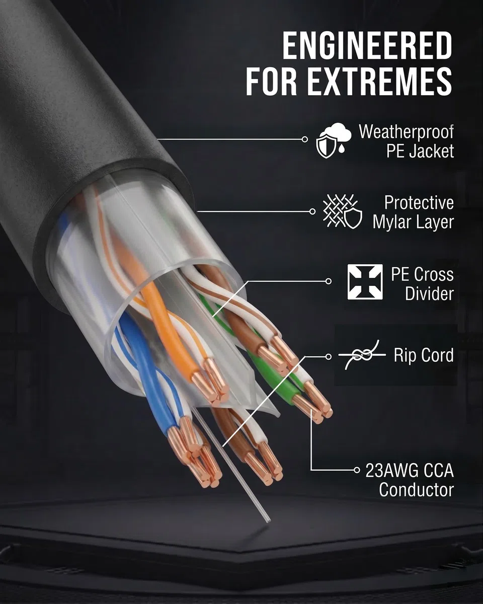 DRIPSTONE CAT6 Direct Burial Ethernet Cable 23AWG Solid CCA UTP, Waterproof HDPE Insulated, Polyethylene (PE) Jacket for Indoor/Outdoor Installations (Black - 1000ft)