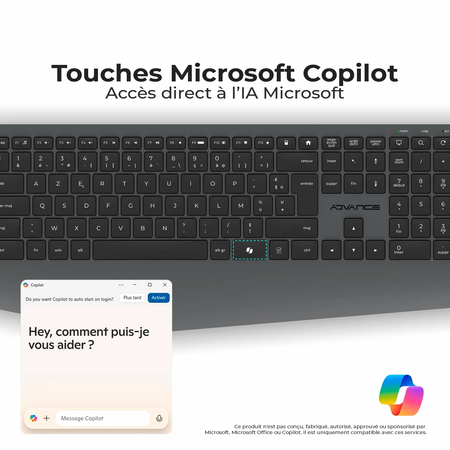 Ensemble Clavier Souris sans Fil Silencieux AD ADVANCE X-Type, AZERTY, 1600 DPI, 112 Touches, Noir