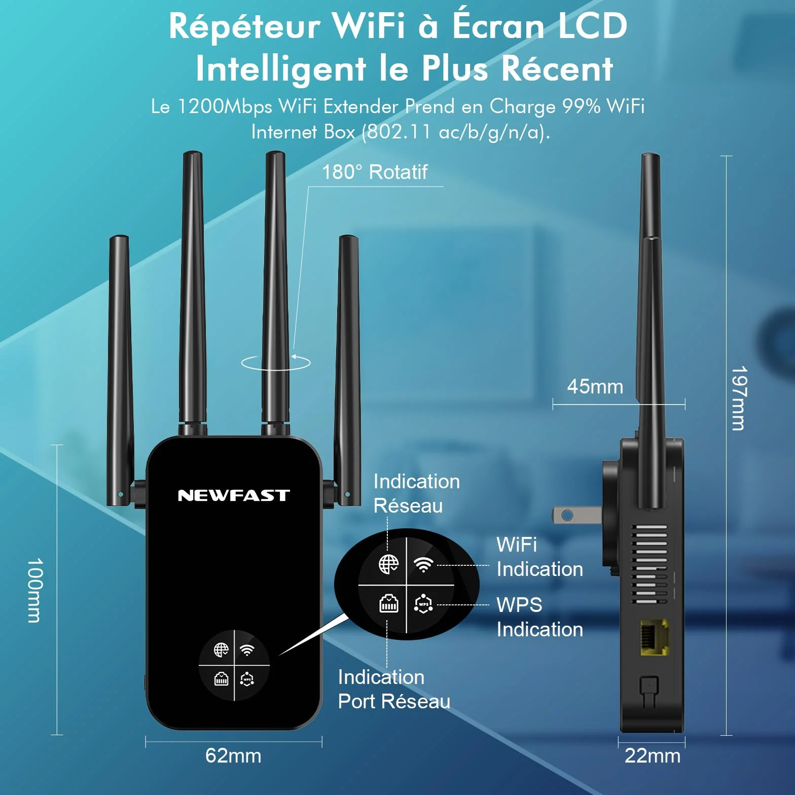 NEWFAST NF-RE523 Répéteur WiFi AC1200 Double Bande Amplificateur WiFi 100 m² Prise UE