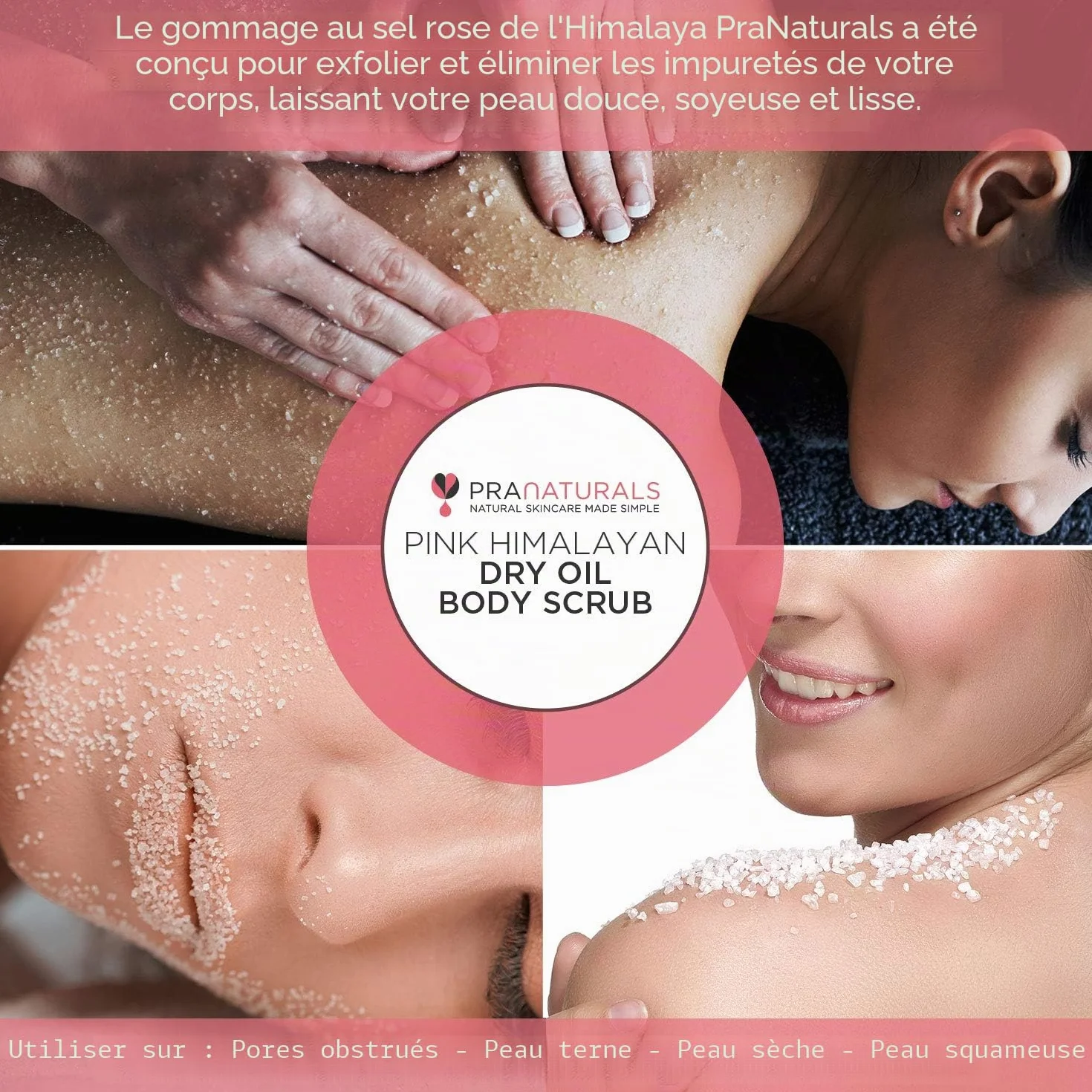 PraNaturals Gommage Corporel au Sel Rose de l'Himalaya 500g - Riche en Minéraux & Vitamines, Élimine Cellules Mortes, Revitalise