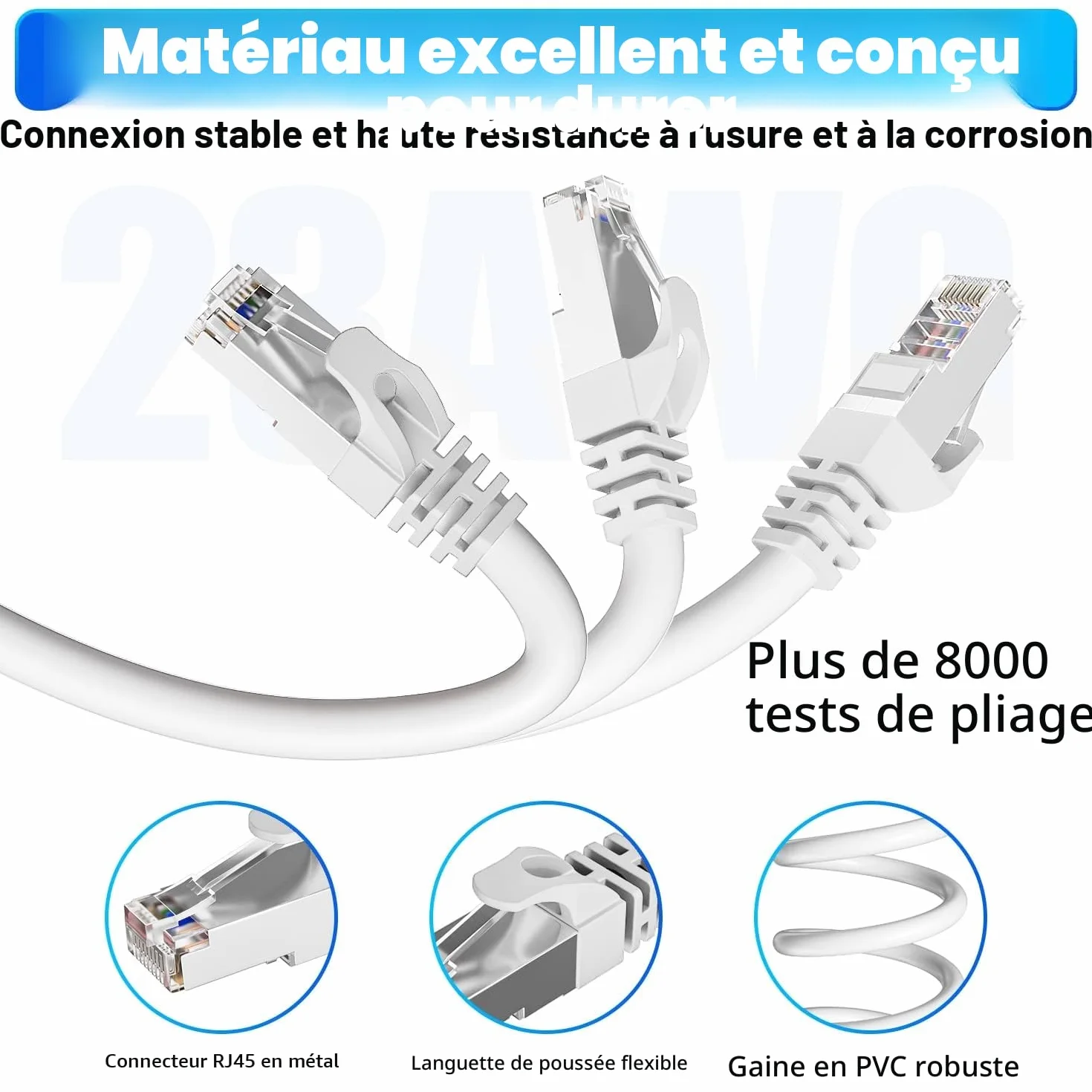 Câble Ethernet 20m RJ45 Cat 7 Blindé Haute Vitesse 10Gbit/s 600MHz S/FTP Blanc Gigabit Extérieur Imperméable LAN