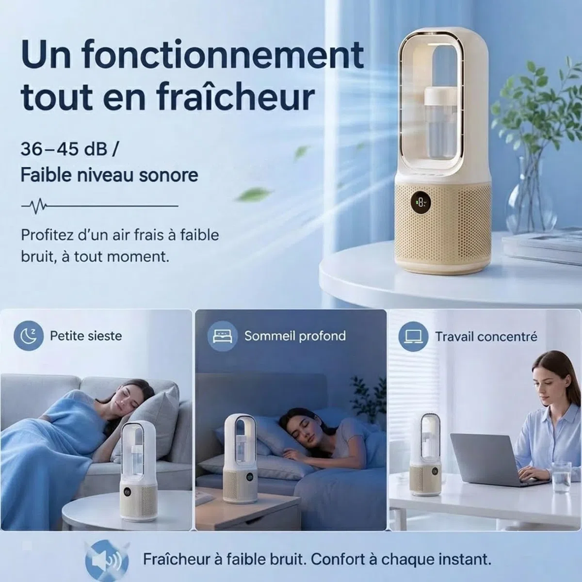 Ventilateur Colonne Sans Pale 3-en-1 36 x 14,6 cm 3500mAh Mini Ventilateur Rafraîchisseur d'Air Rechargeable USB avec Humidificateur 9 Vitesses Chambre/Bureau/Camping