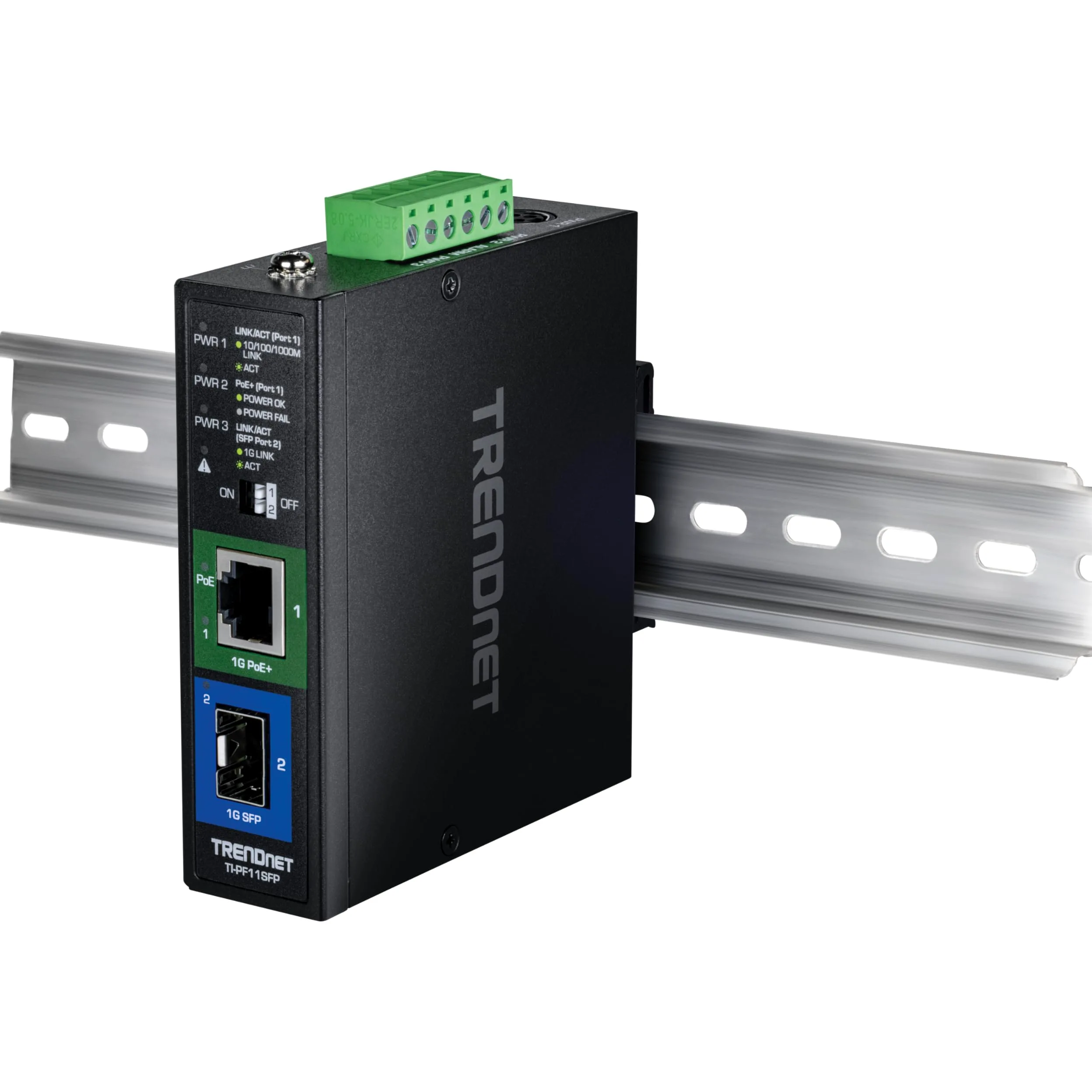 TRENDnet, TI-PF11SFP, Convertisseur de média Industriel SFP vers Gigabit PoE+, boîtier classé IP30, Plage de température de Fonctionnement -40°–75 °C à (-40° – 167 °F)