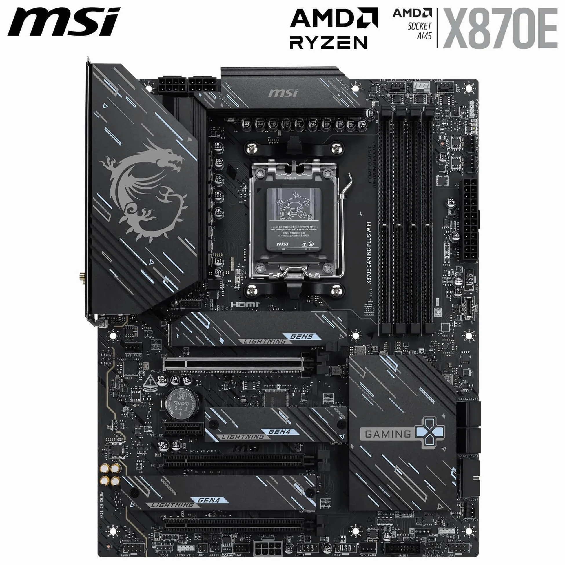 MSI X870E Gaming Plus Carte mère WiFi, ATX - Prend en charge les processeurs AMD Ryzen 9000/8000/7000, AM5-60A SPS VRM, DDR5 Memory Boost 8200+ MT/s (OC), PCIe 5.0 x16 & 4.0 x4, M.2 Gen5, Wi-Fi 7, 5G