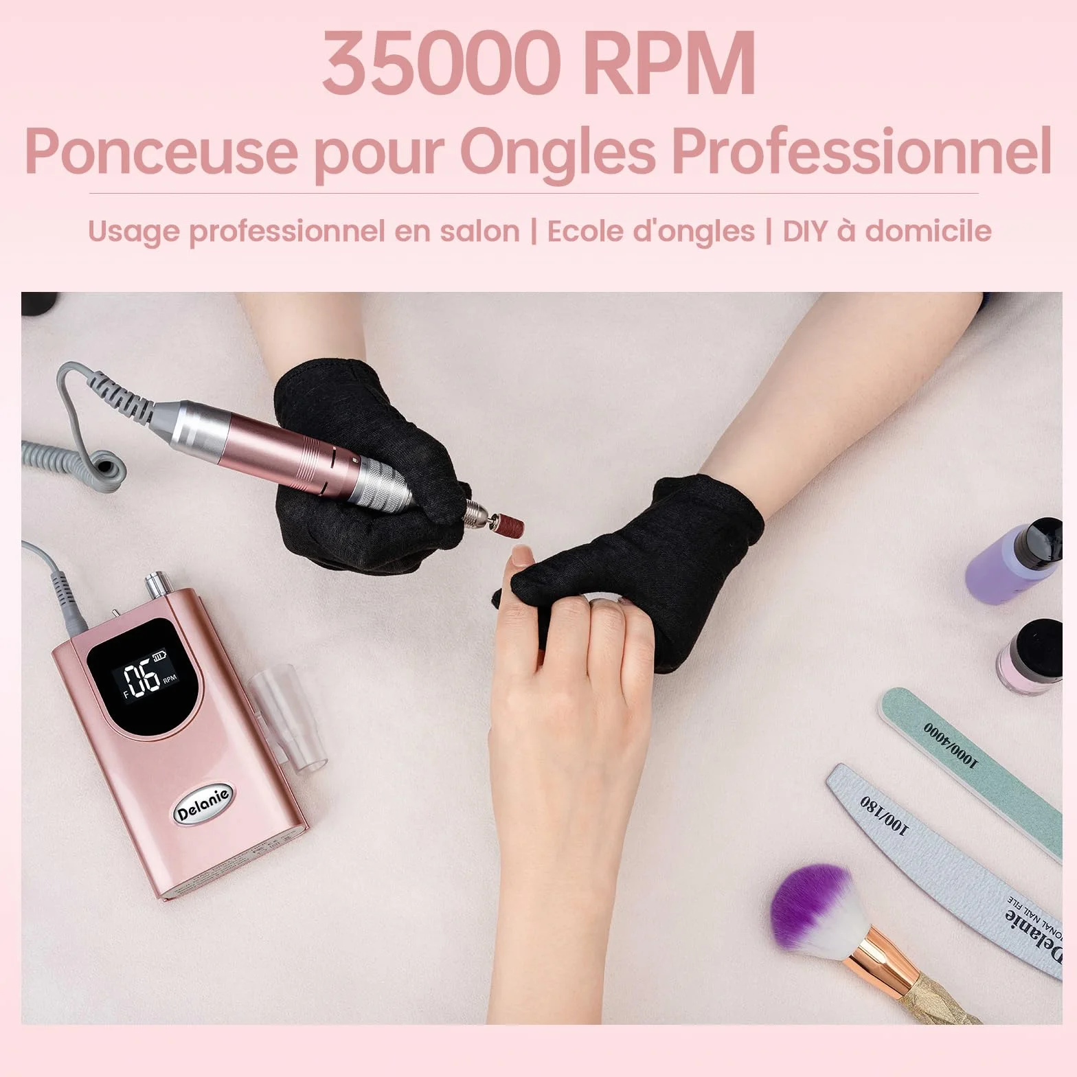 Ponceuse pour Ongles Professionnelle 35000 RPM Rechargeable avec Affichage LCD et 6 Embouts Ponçage