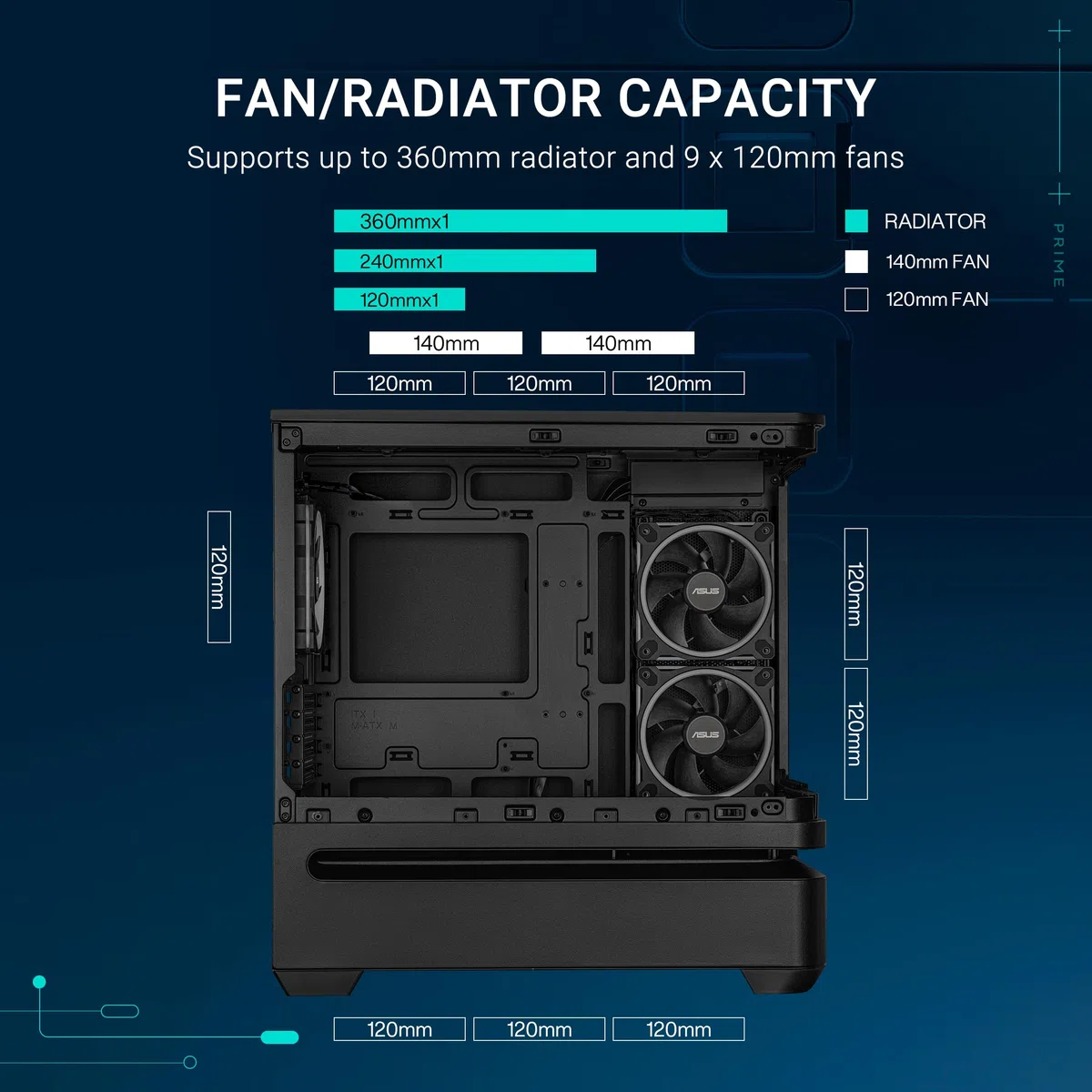 ASUS Prime AP202 ARGB (Noir) – Boîtier PC mATX (Verre incurvé trempé, Prend en Charge Les Cartes Graphiques jusqu'à 420 mm, radiateurs de 360 ​​mm de Long, 3 Ventilateurs ARGB intégrés)